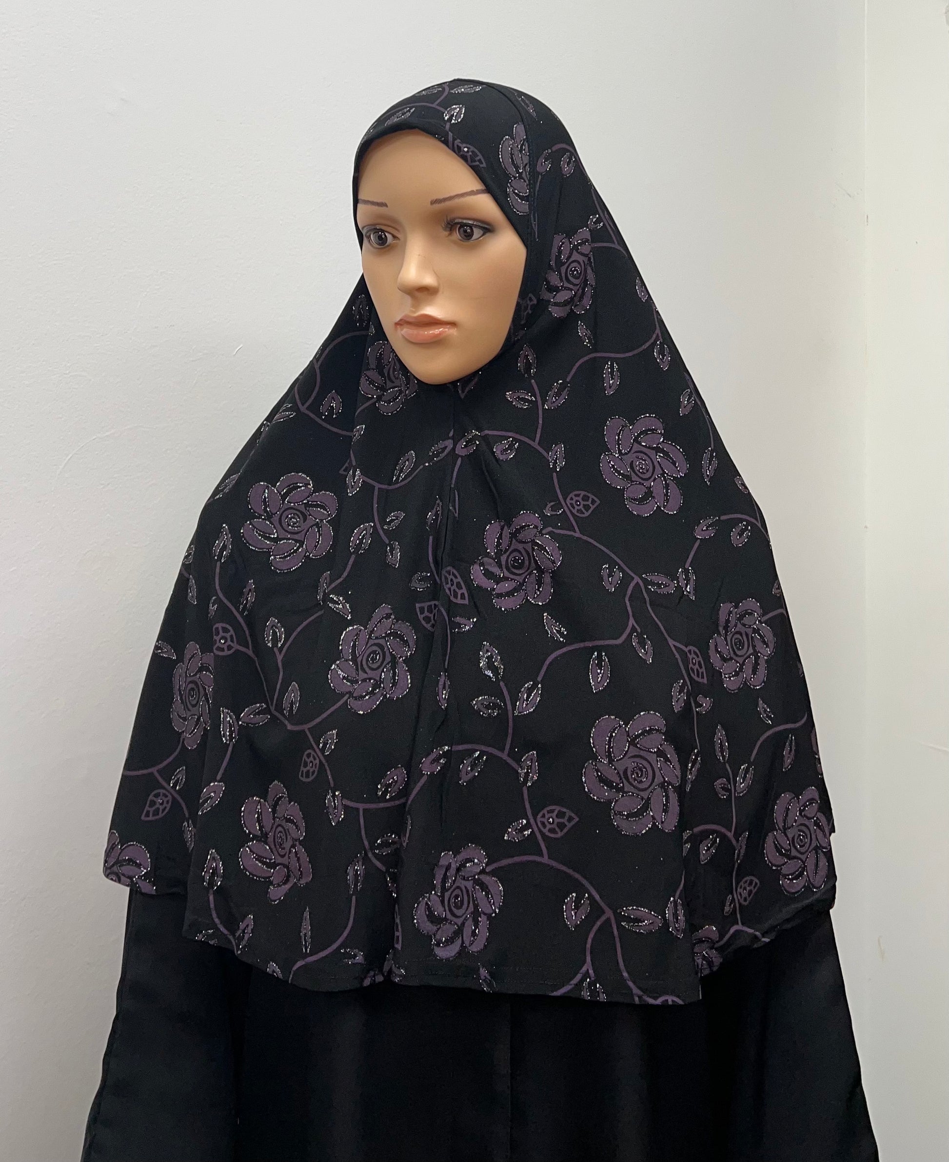 Girls Fancy Hijab Glitter Flowers - Black
