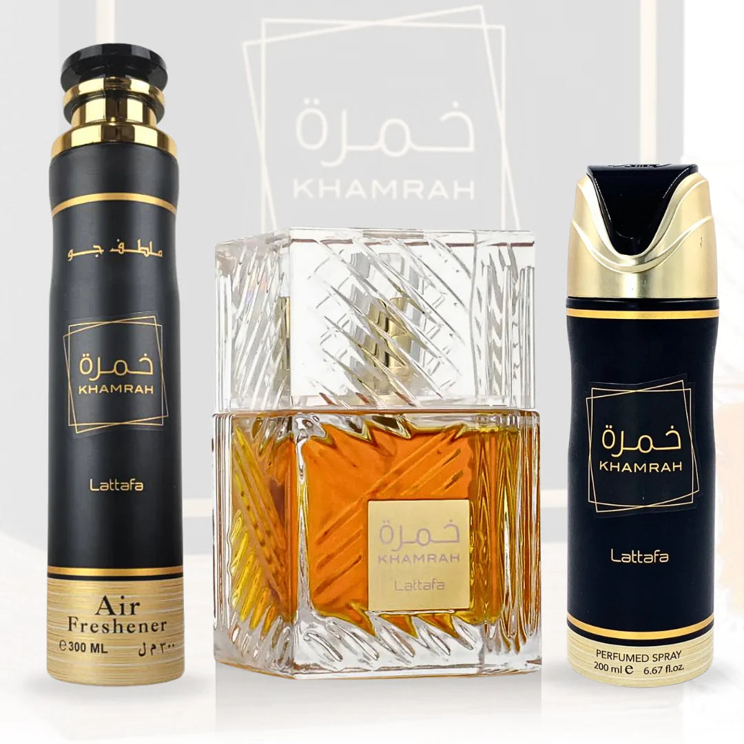 UNISEX Lattafa 3 Pc KHAMRAH Gift Set for Women (Eau De Parfum, Air Freshener, Perfumed Spray)
