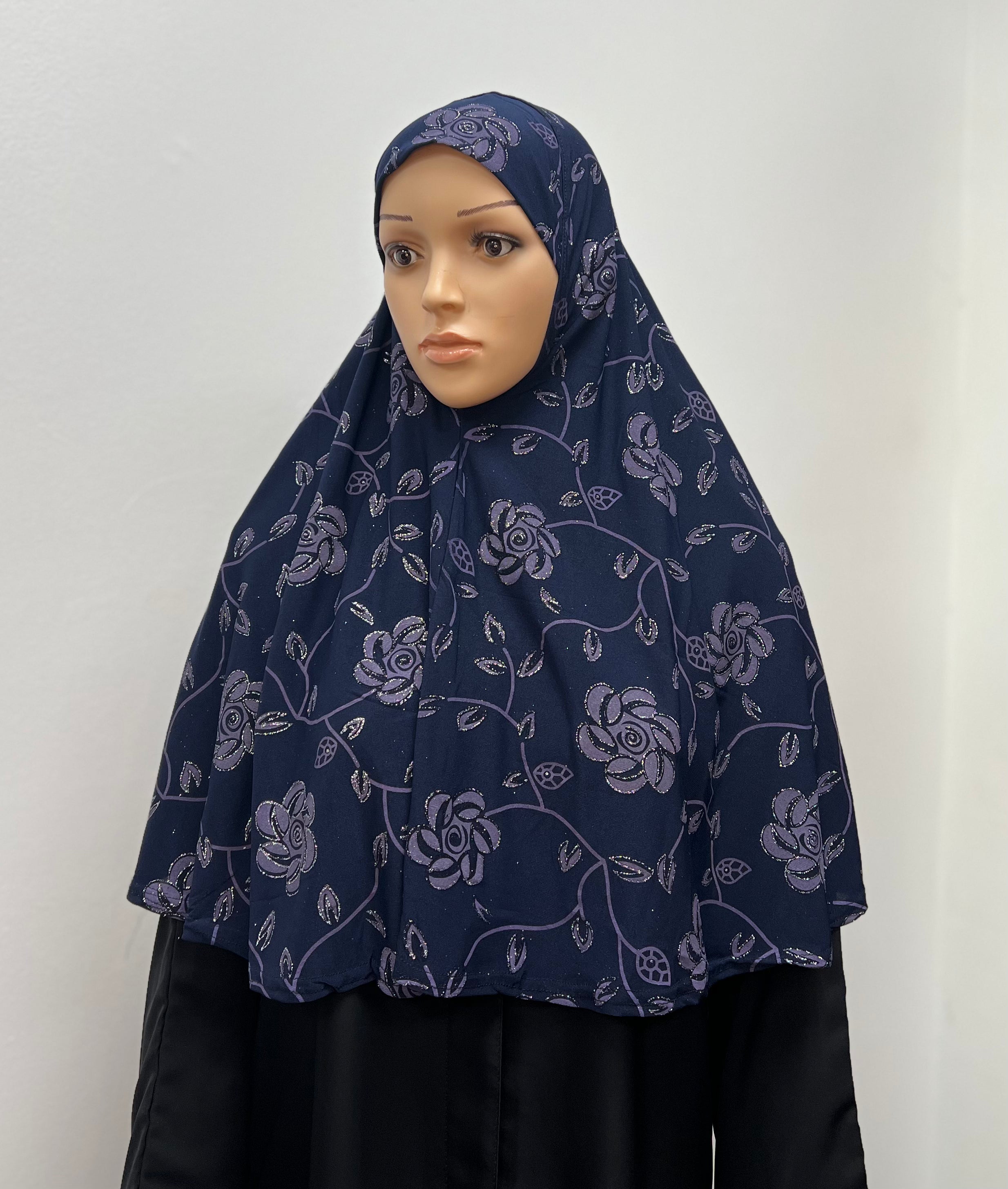 Girls Fancy Hijab Glitter Flowers - Navy Blue