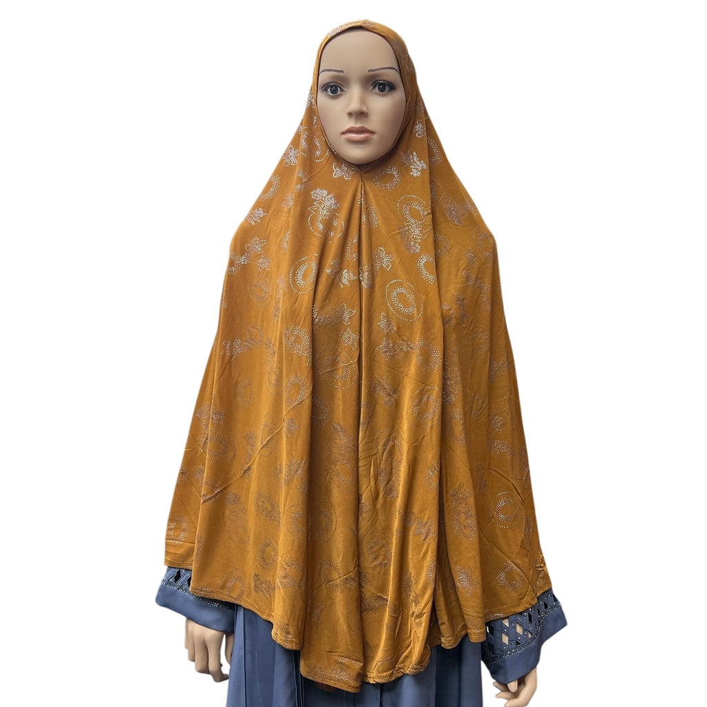 XL One-Piece Instant Hijab with Silver Rhinestones - Orange