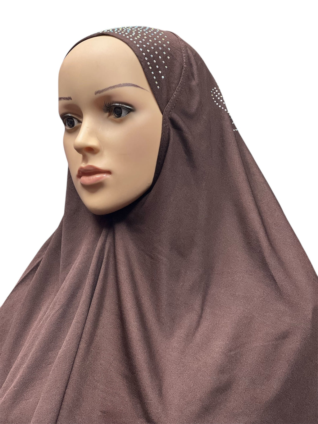 Girls Solid 1 Piece Slip On Hijab with Rhinestones  - Brown