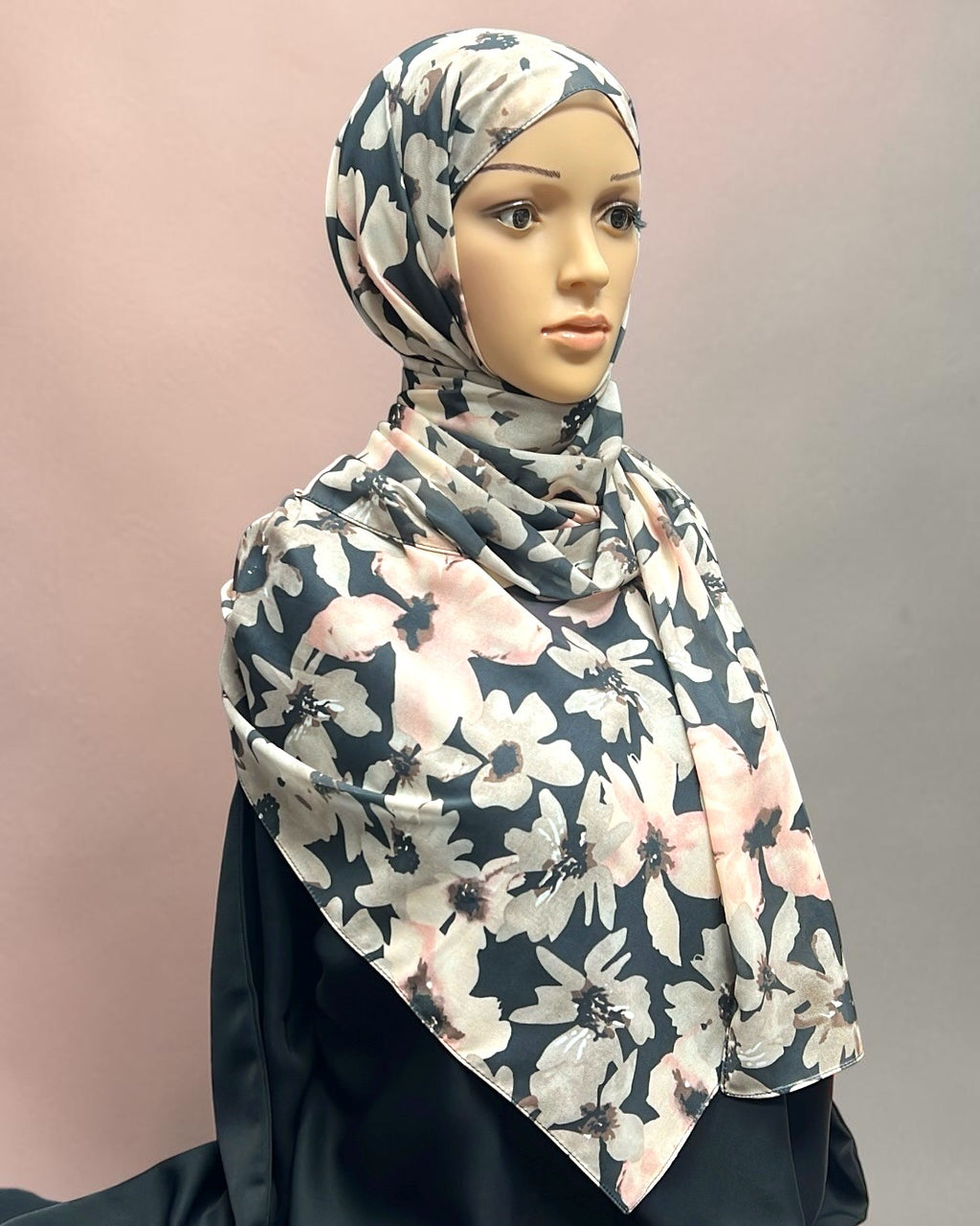 Printed Chiffon Hijab – Midnight Pink | Black Base with Pink & Beige Flowers | Lightweight Modest Hijab
