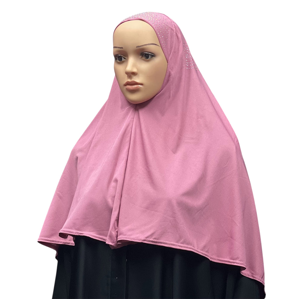 Girls Solid 1 Piece Slip On Hijab with Rhinestones  - Pink