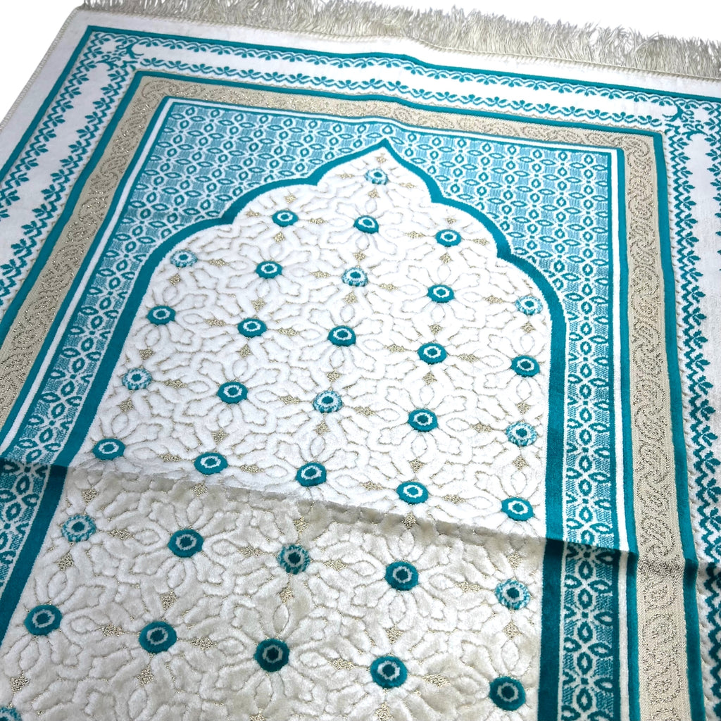Luxury Teal Islamic Prayer Rug | Soft Velvet Janamaz