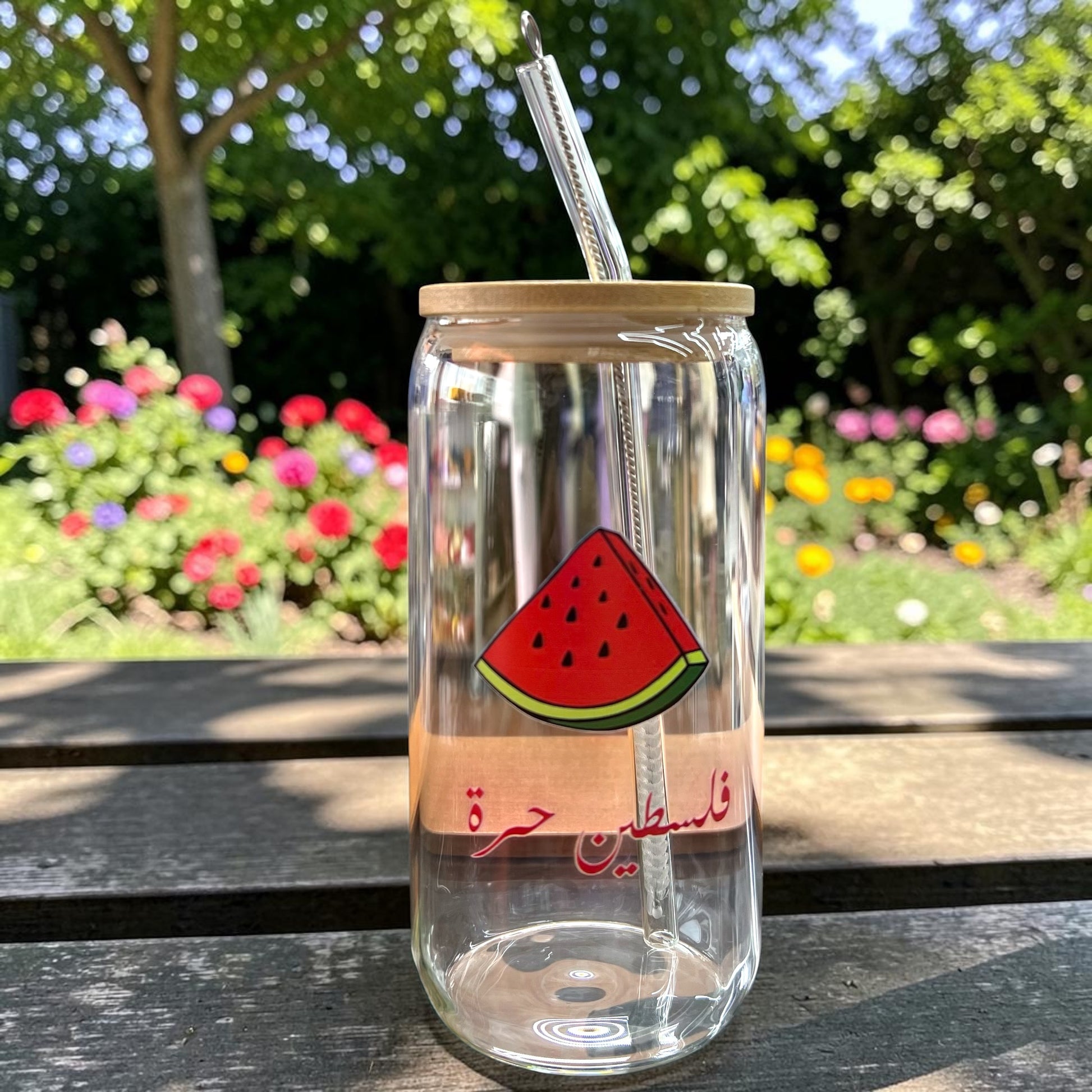 16oz Palestine Glass Tumbler Coffee Jar - Filistin Hura Watermelon Design