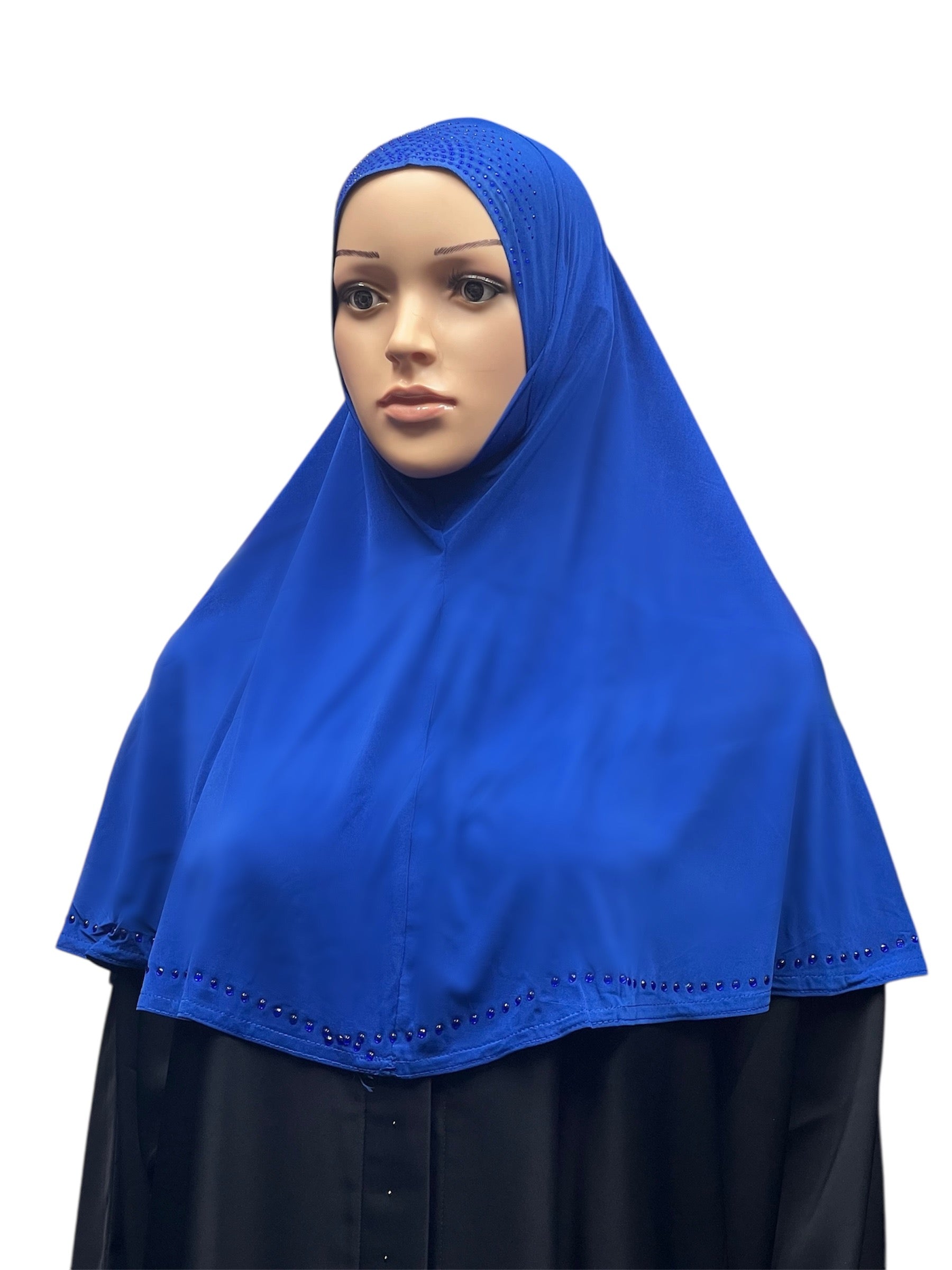 Girls Solid 1 Piece Slip On Hijab with Rhinestones  - Royal Blue