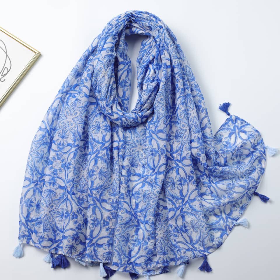 Printed Viscose Hijab - Blue Spirals