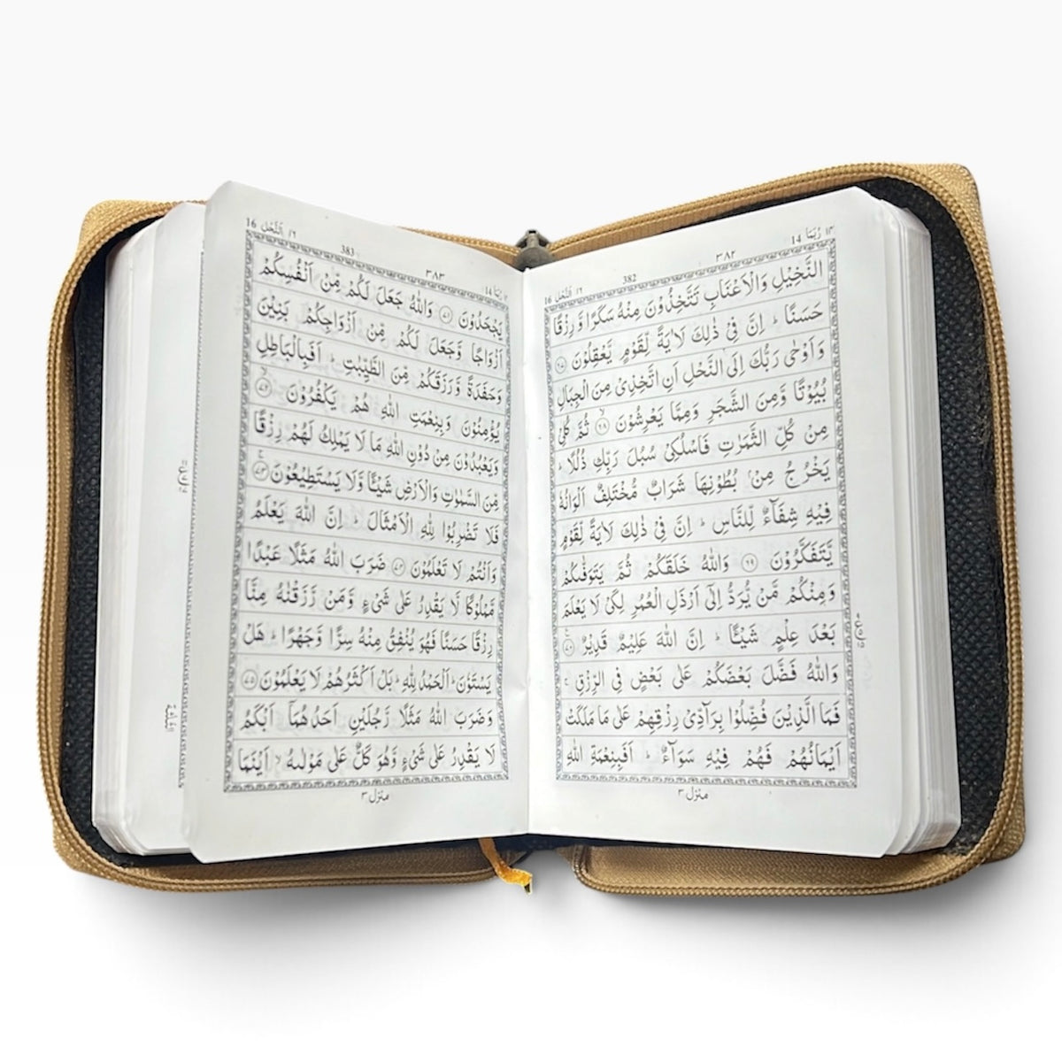 Small Leather Zipper Quran Gold Cover – IndoPak Script 13 Line | 6"x4" Travel Size