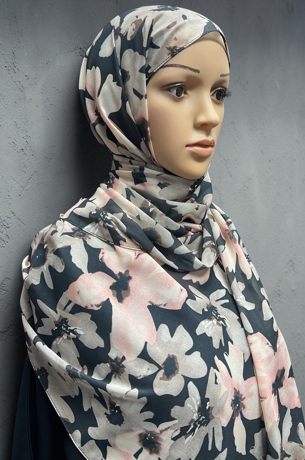 Printed Chiffon Hijab – Midnight Pink | Black Base with Pink & Beige Flowers | Lightweight Modest Hijab