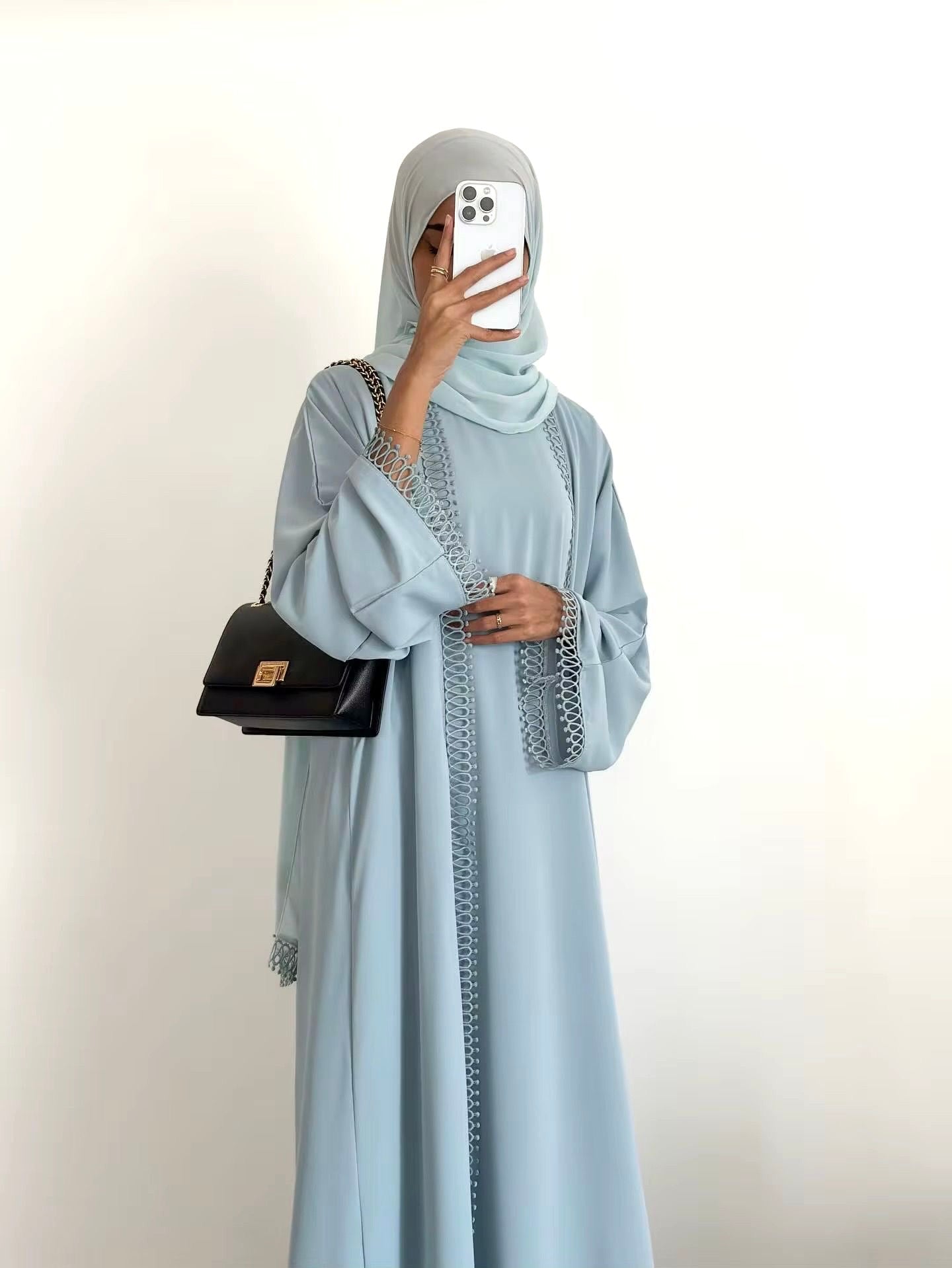 Women’s Nida Fabric 2 Piece Lace Trim Abaya Set with Pockets