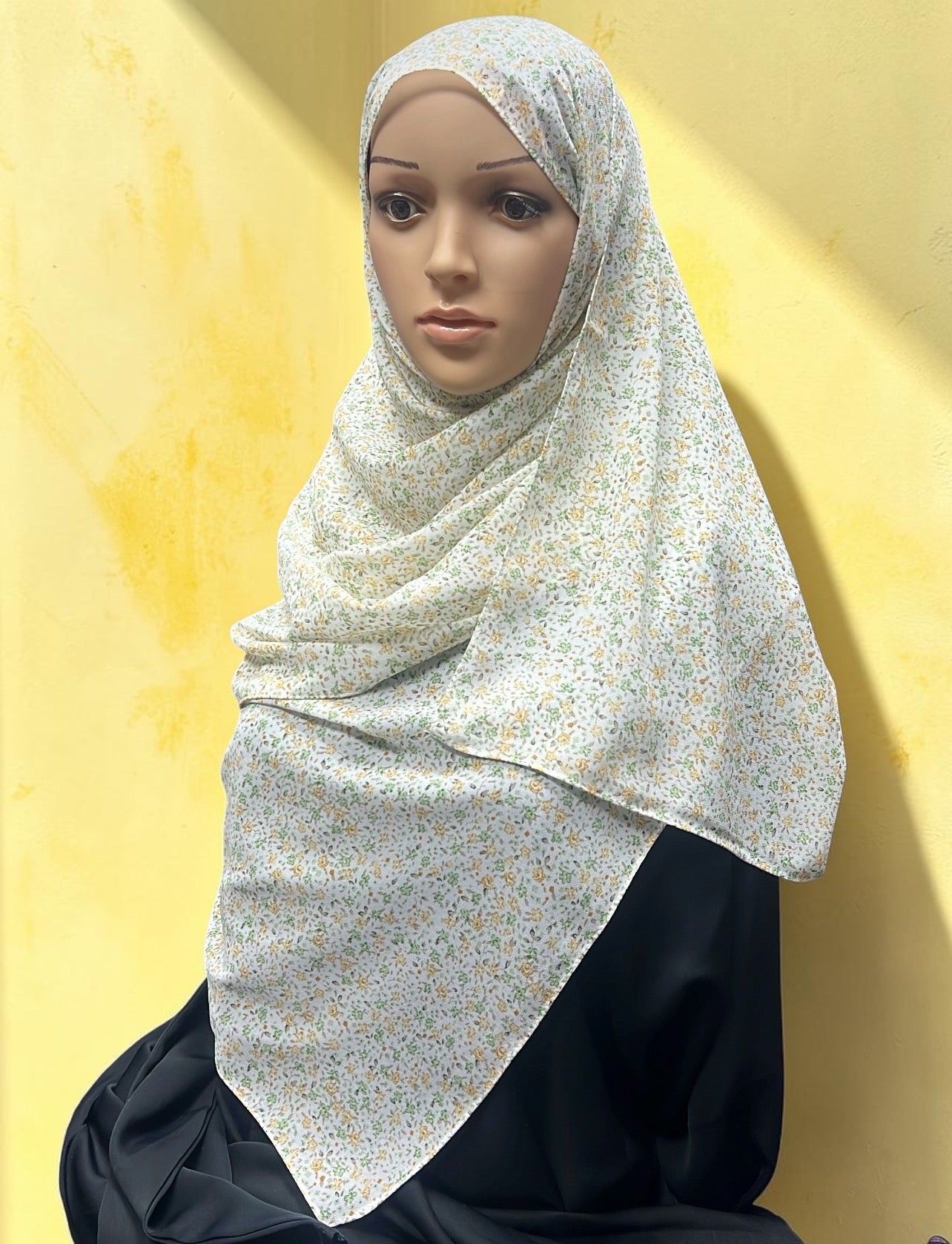 Printed Chiffon Hijab – Yellow Petunia | White with Yellow & Green Florals | Lightweight Modest Hijab