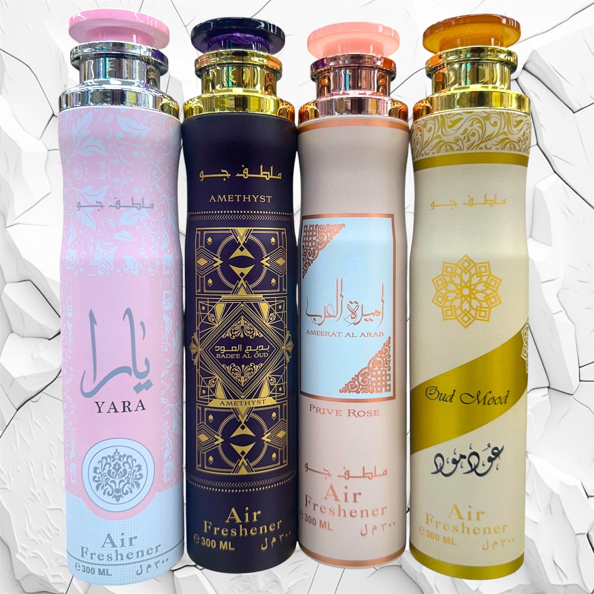 (4 PACK BUNDLE) Lattafa Air Fresheners - Yara, Badee Al Oud Amethyst, Oud Mood, Ameerat Al Arab Prive Rose