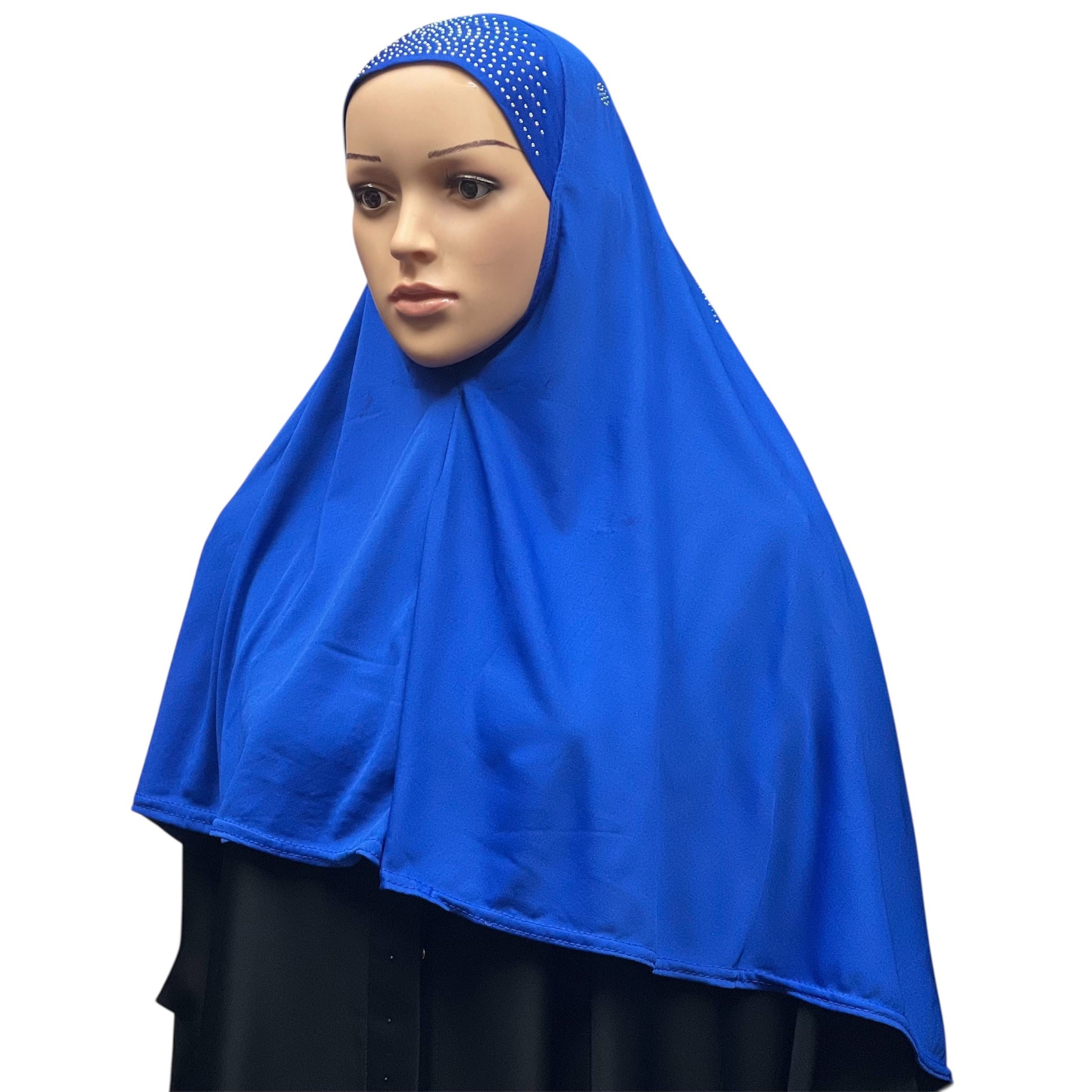 Girls Solid 1 Piece Slip On Hijab with Rhinestones  - Royal Blue