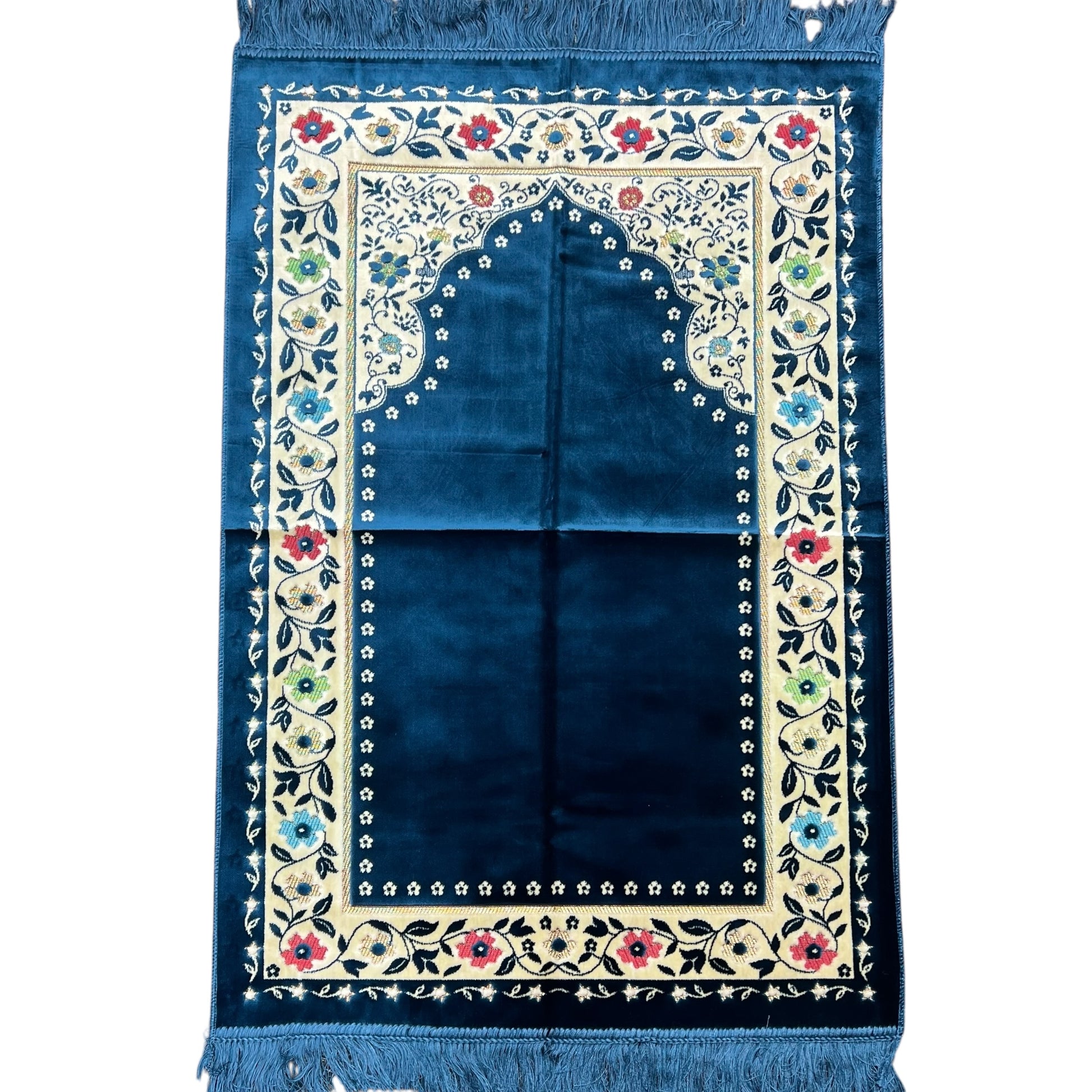 Luxury Blue Floral Islamic Prayer Mat - Soft Janamaz with Cream Border