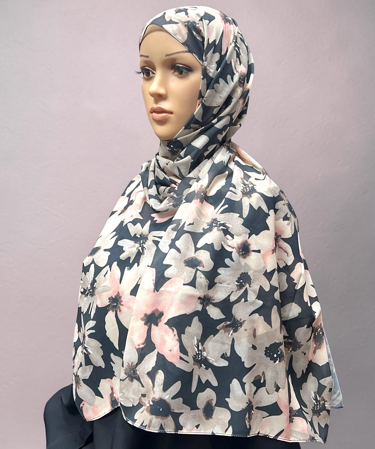 Printed Chiffon Hijab – Midnight Pink | Black Base with Pink & Beige Flowers | Lightweight Modest Hijab