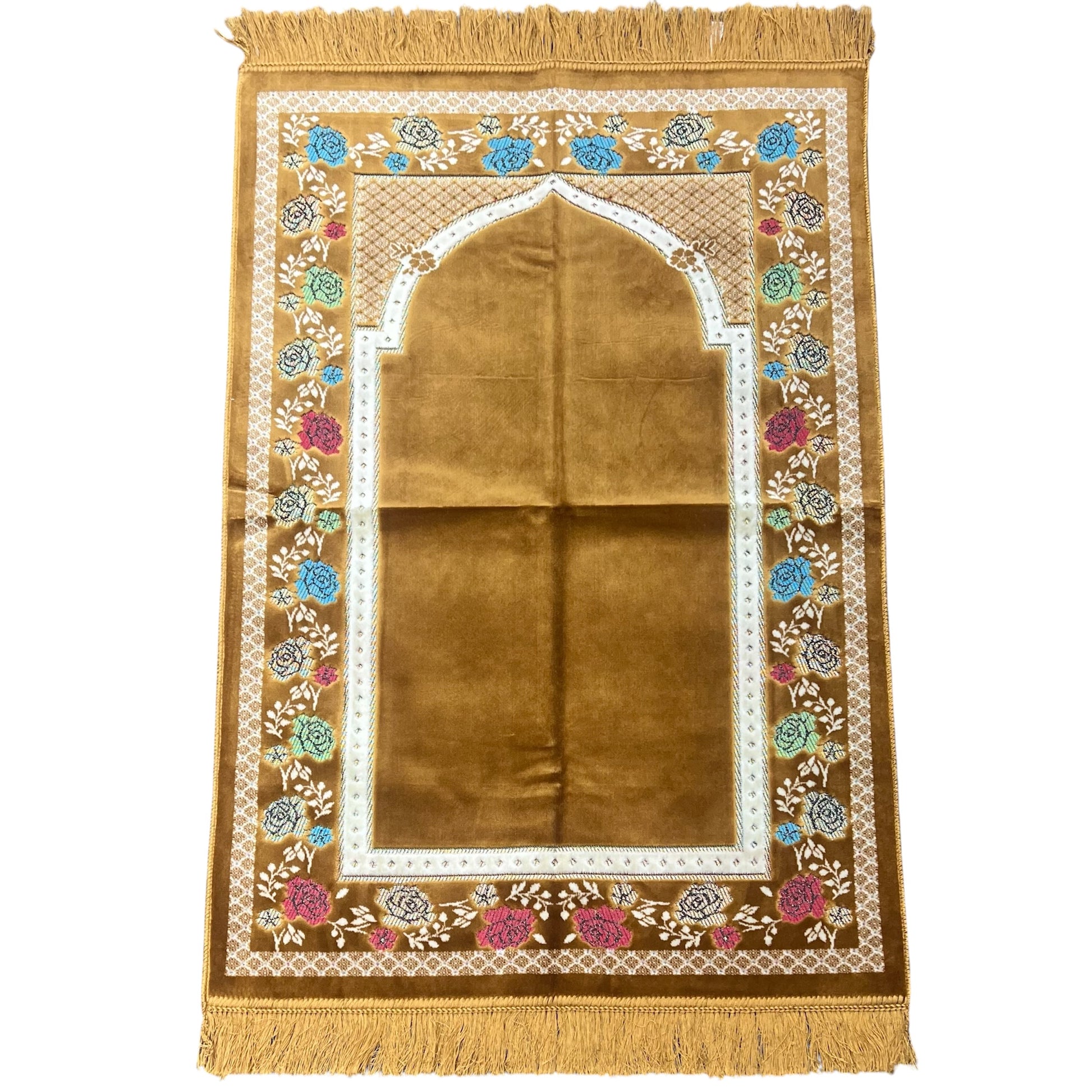 Luxury Gold Floral Islamic Prayer Mat - Soft Janamaz with Cream Border