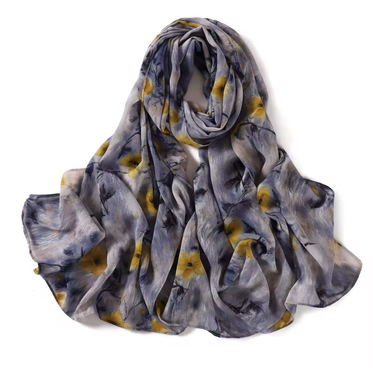 Printed Chiffon Hijab – Summer Meadow | Blue with Yellow Florals | Lightweight Modest Hijab
