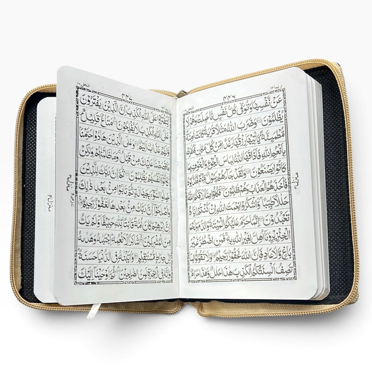Small Leather Zipper Quran Gold Cover – IndoPak Script 11 Line | 6"x4" Travel Size