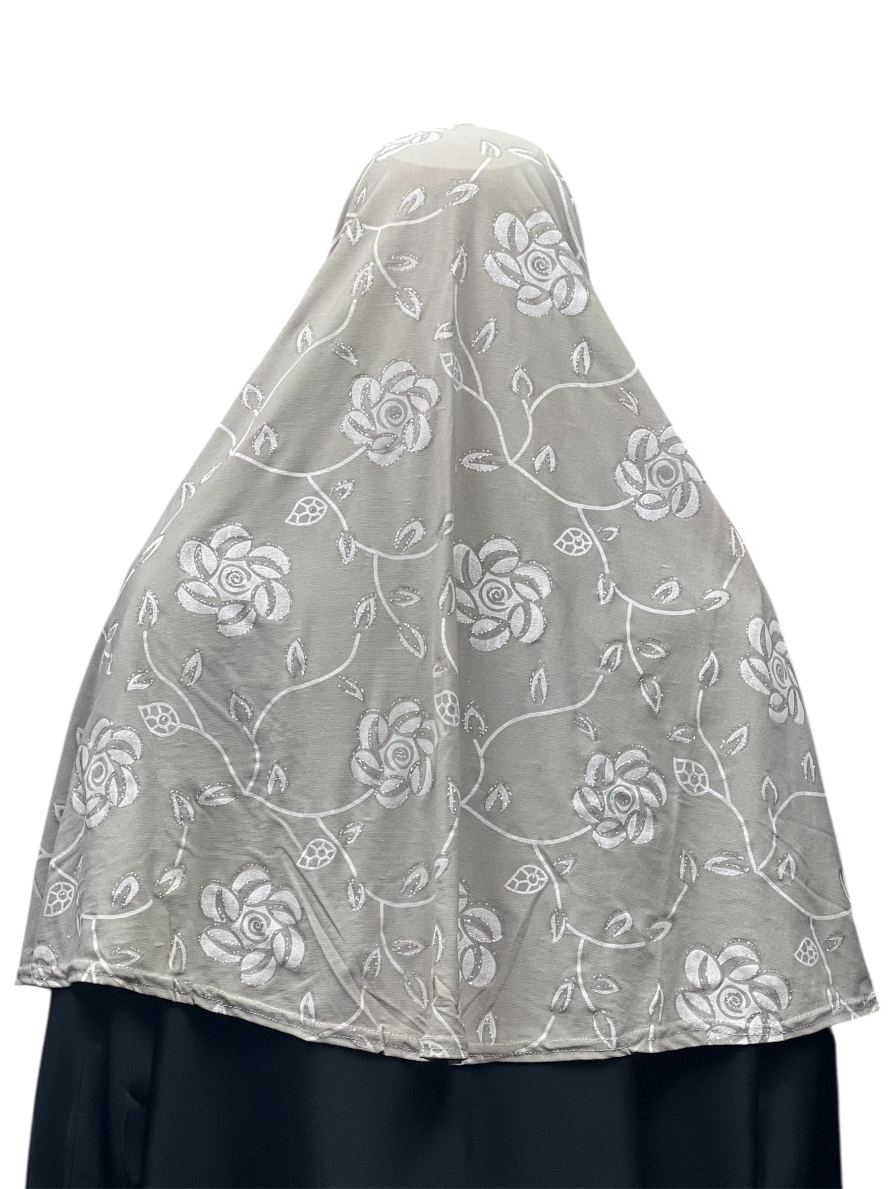 Girls Fancy Hijab Glitter Flowers - Light Gray