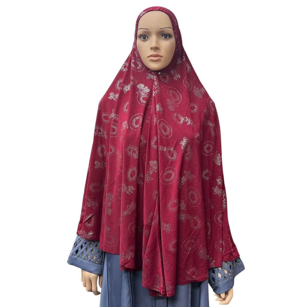 XL One-Piece Instant Hijab with Silver Rhinestones - Maroon
