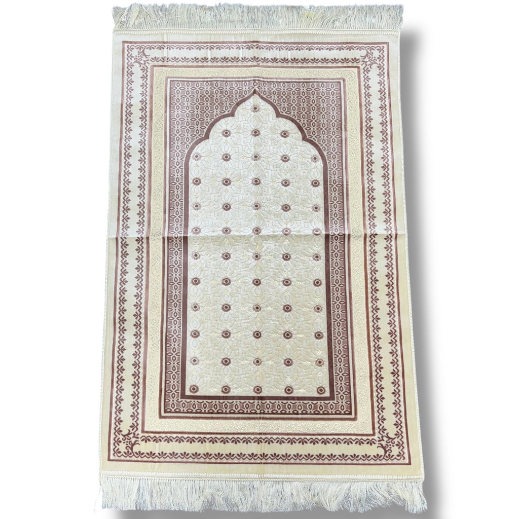 cream and pink islamic prayer rug with mihrab design - luxury Muslim prayer mat for daily salah