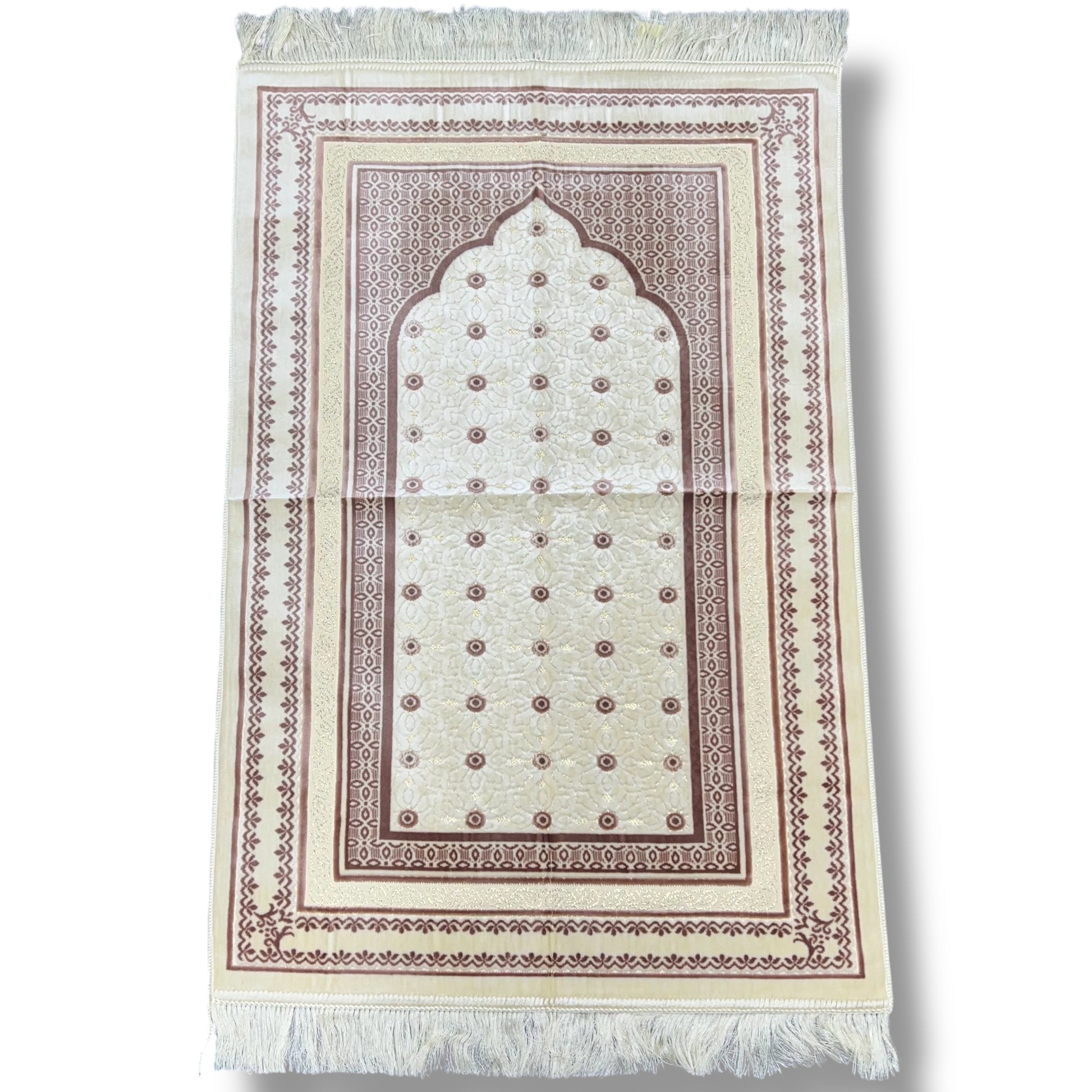 cream and pink islamic prayer rug with mihrab design - luxury Muslim prayer mat for daily salah
