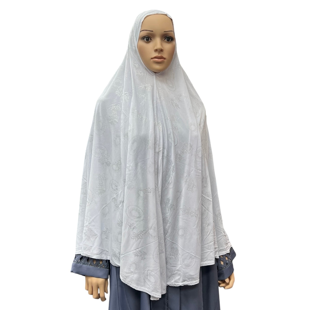 XL One-Piece Instant Hijab with Silver Rhinestones - White