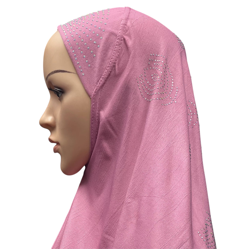 Girls Solid 1 Piece Slip On Hijab with Rhinestones  - Pink