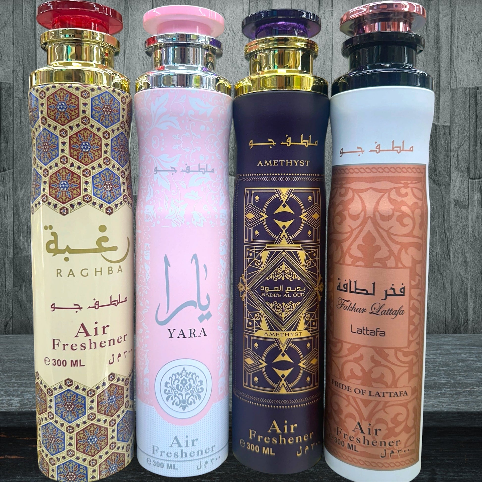(4 PACK BUNDLE) Lattafa Air Fresheners - Raghba, Yara, Badee Al Oud Amethyst, Fakhar Rose