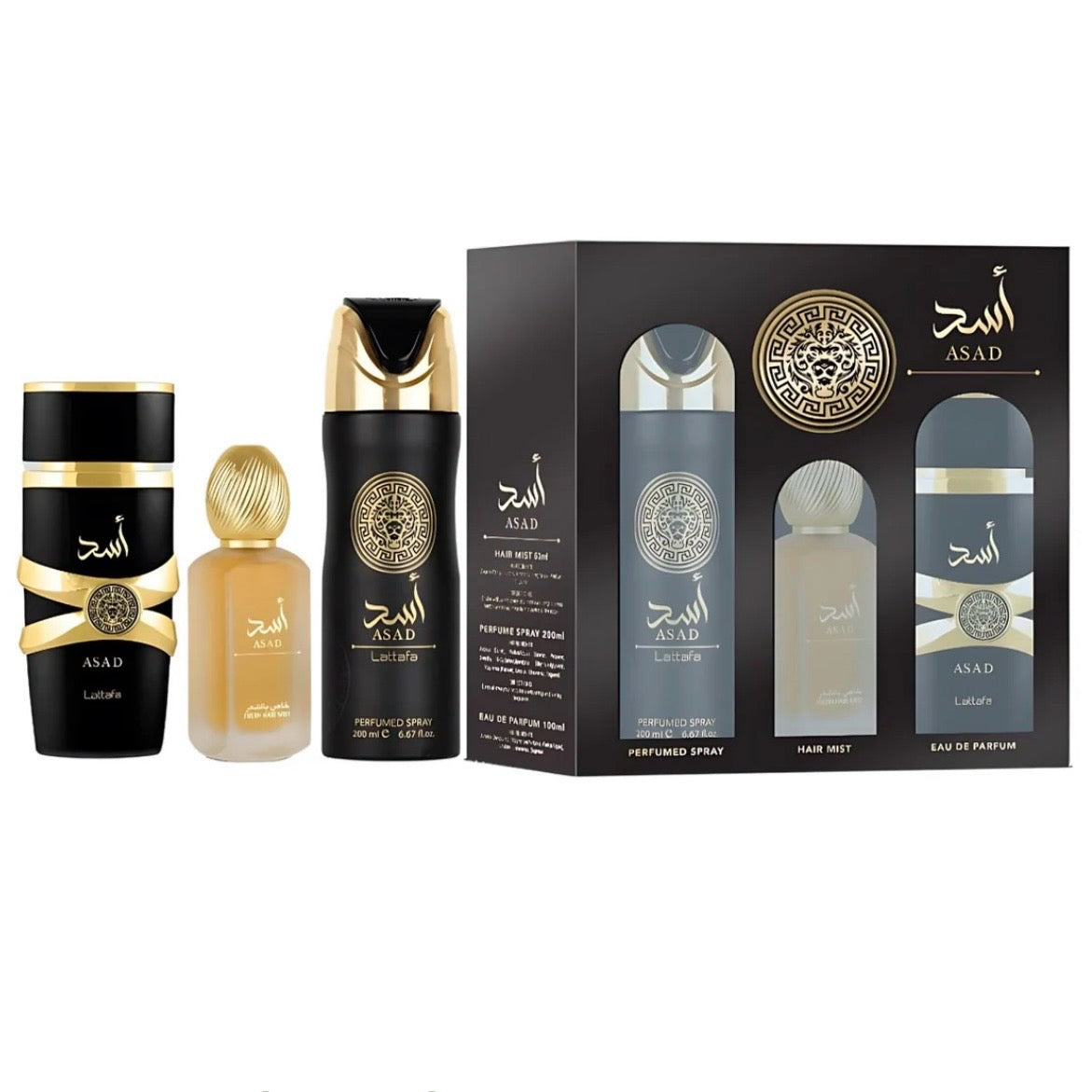 Lattafa 3 Pc ASAD Gift Set for Men (Eau De Parfum, Hair Mist, Perfumed Spray)