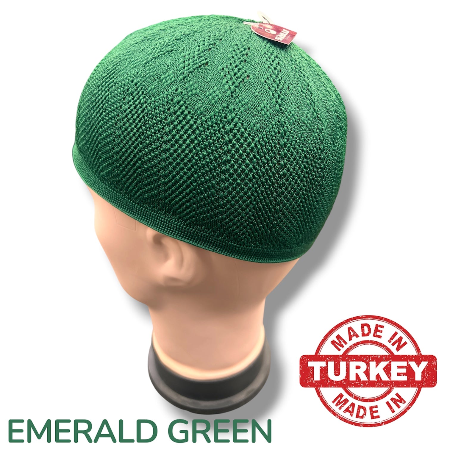 Standard One Size Turkish Knit Kufi - Emerald Green 100% Polyester