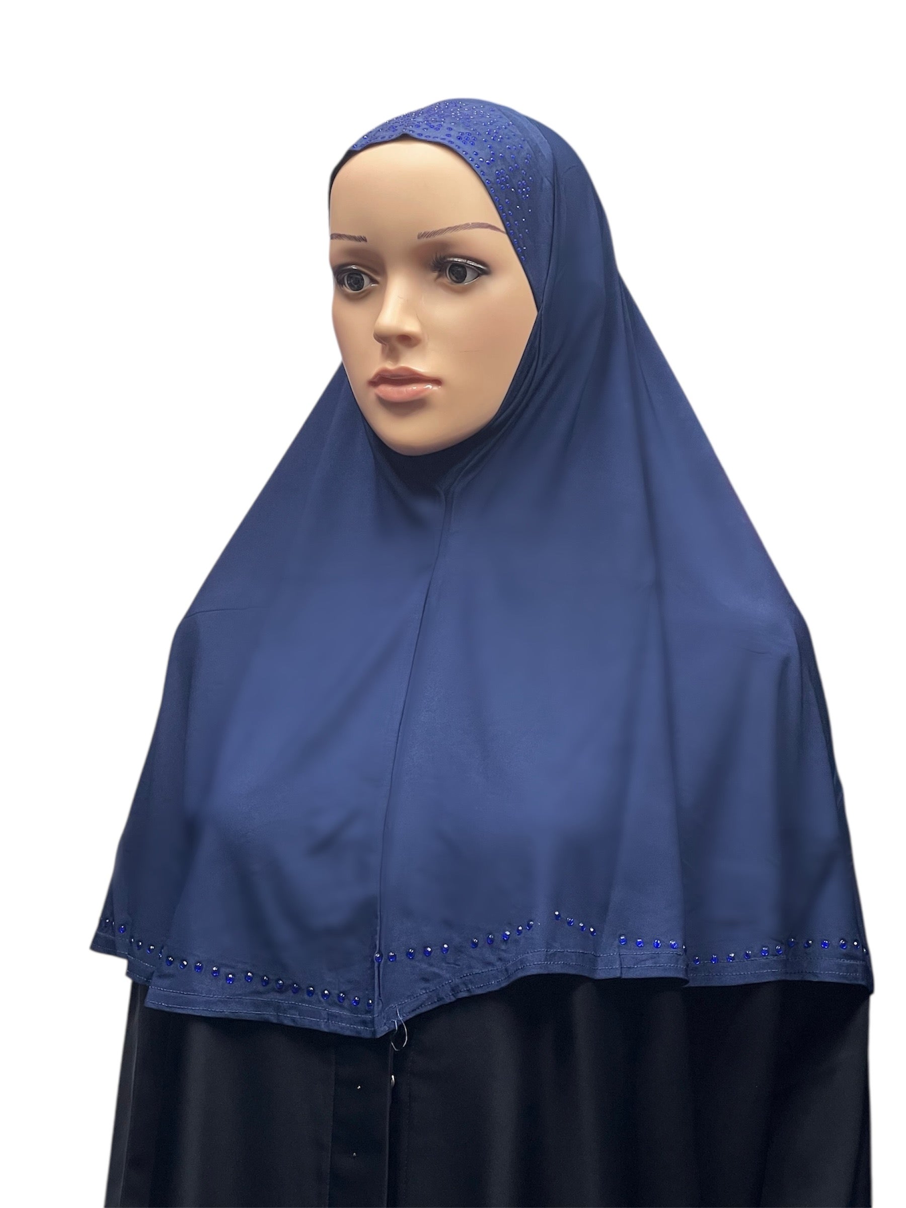 Girls Solid 1 Piece Slip On Hijab with Rhinestones  - Navy Blue