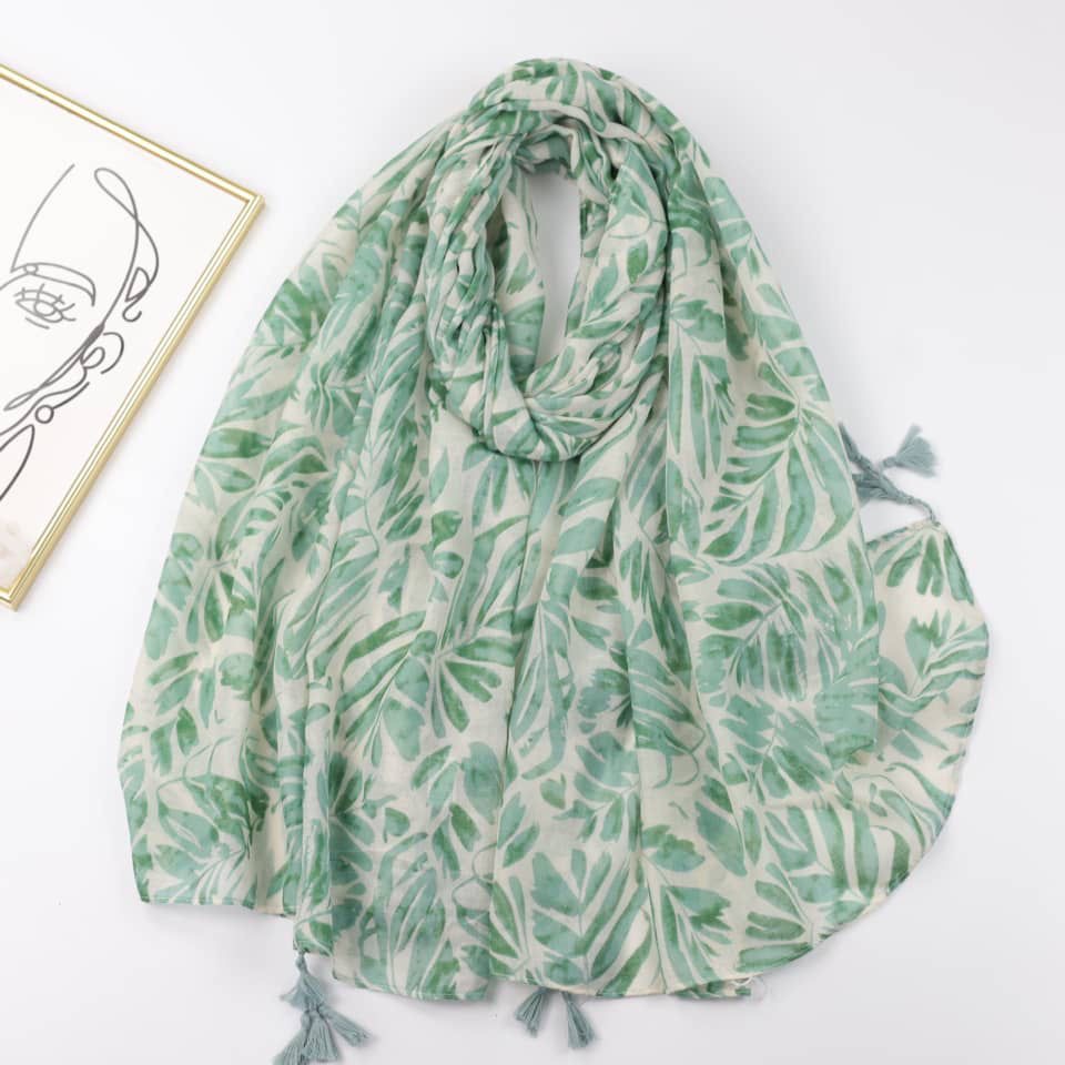 Printed Viscose Hijab - Green Leaves