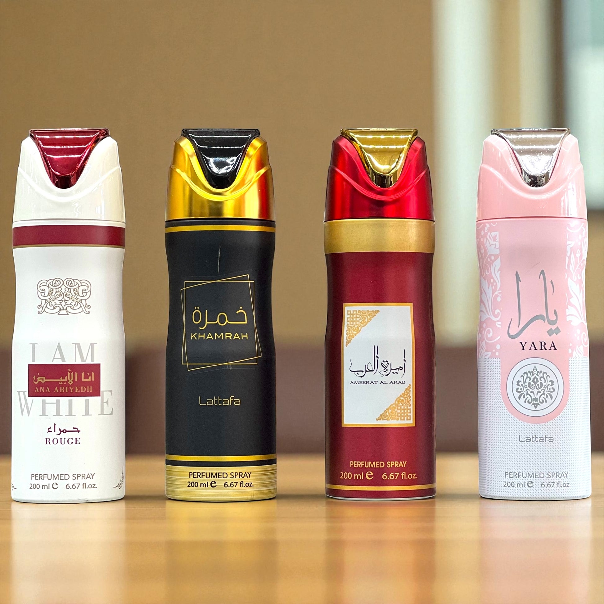 (4 PACK WOMENS BUNDLE) Yara, Khamrah, Ameerat Al Arab, Ana Abiyedh Rouge - 250ml Perfume Sprays