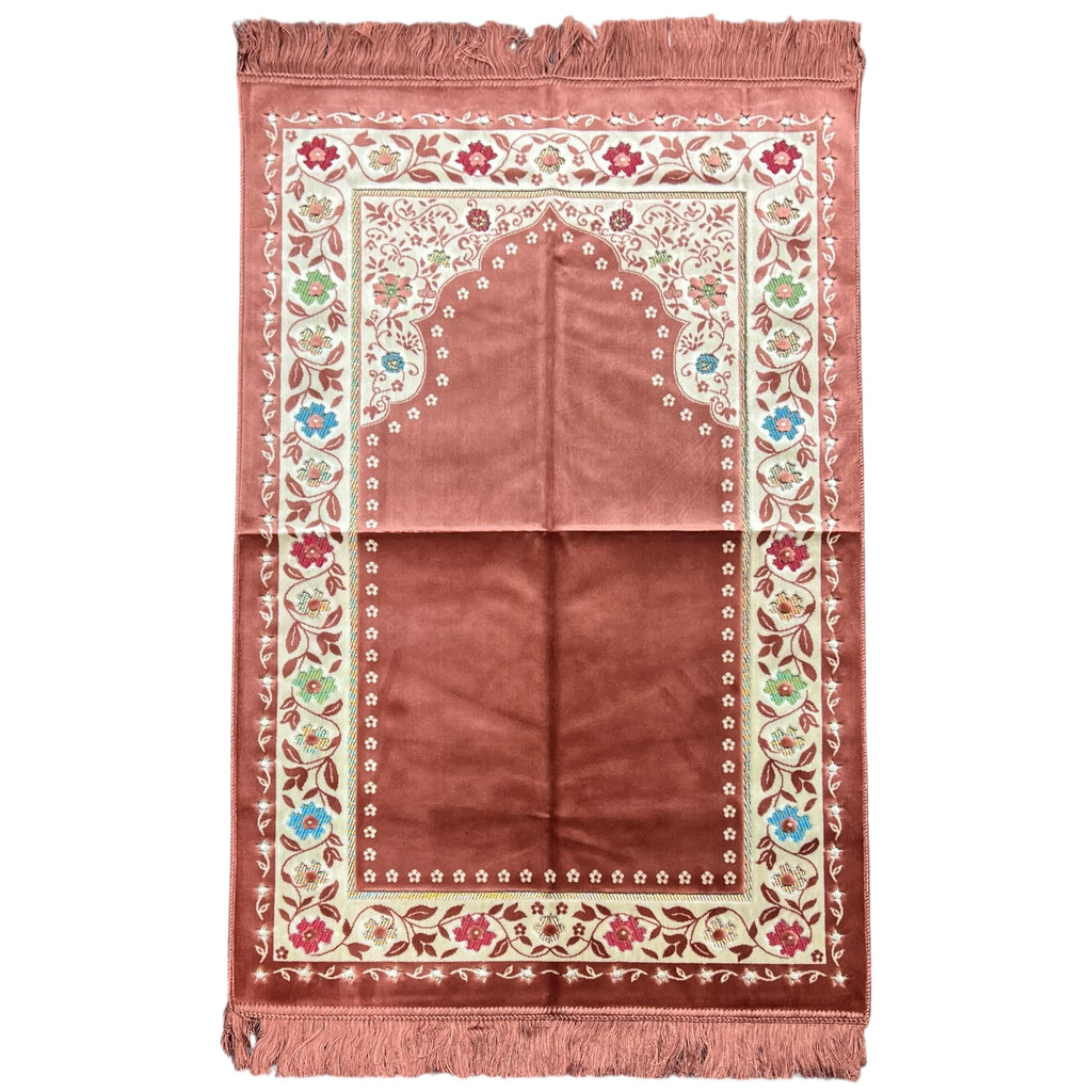 Luxury Rose Pink Floral Islamic Prayer Mat - Soft Janamaz with Cream Border