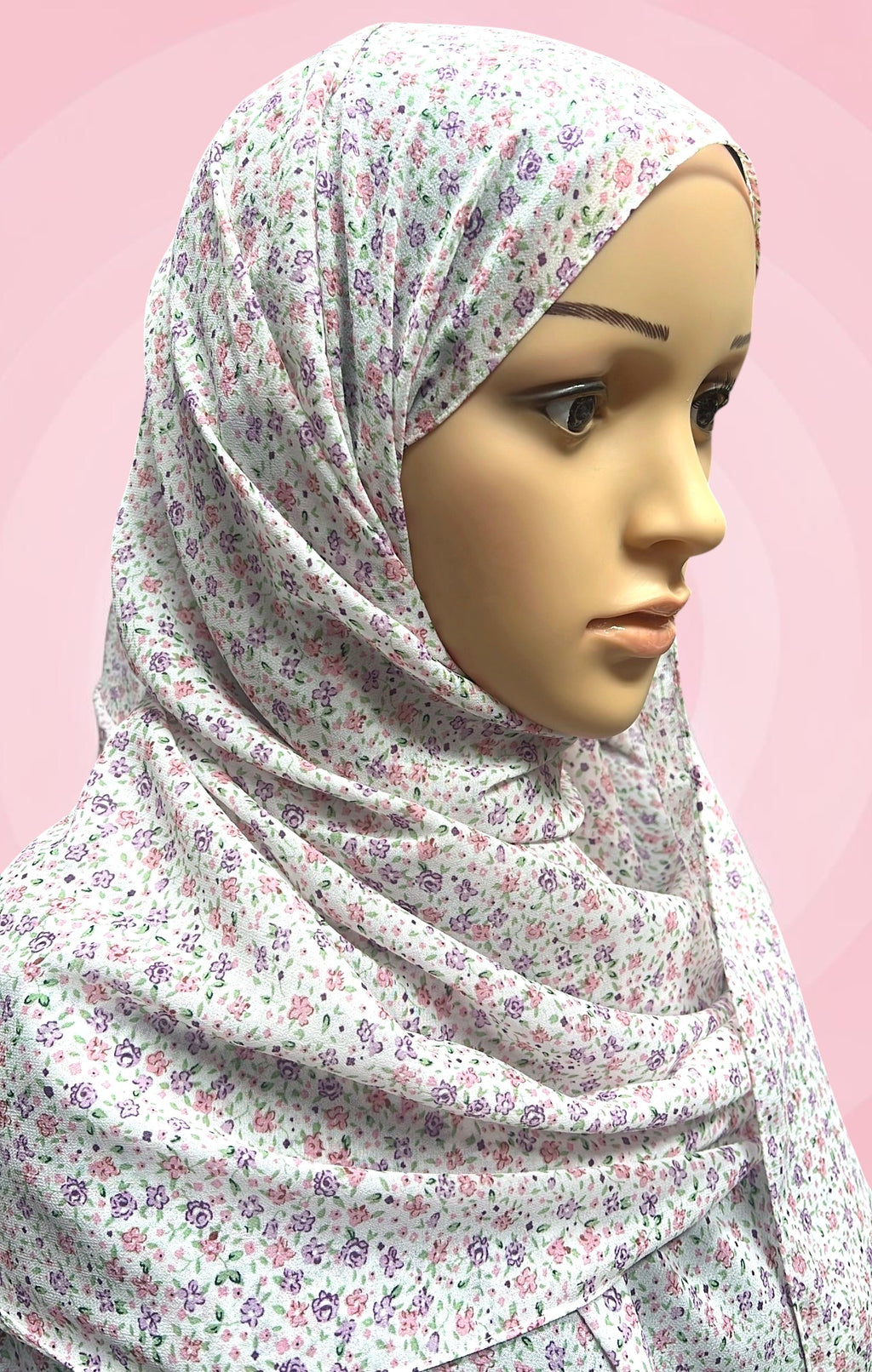 Printed Chiffon Hijab – Pink Petunia | White with Pink & Purple Florals | Lightweight Modest Hijab