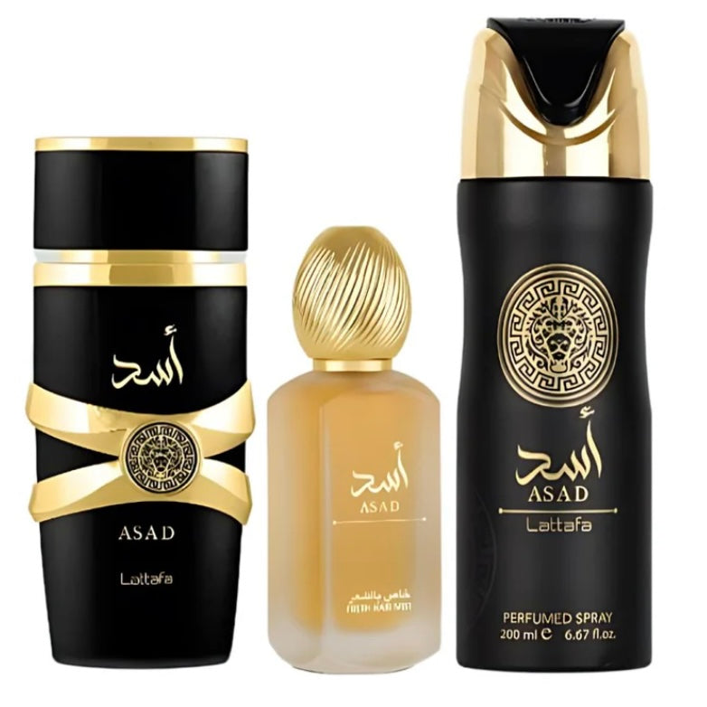 Lattafa 3 Pc ASAD Gift Set for Men (Eau De Parfum, Hair Mist, Perfumed Spray)