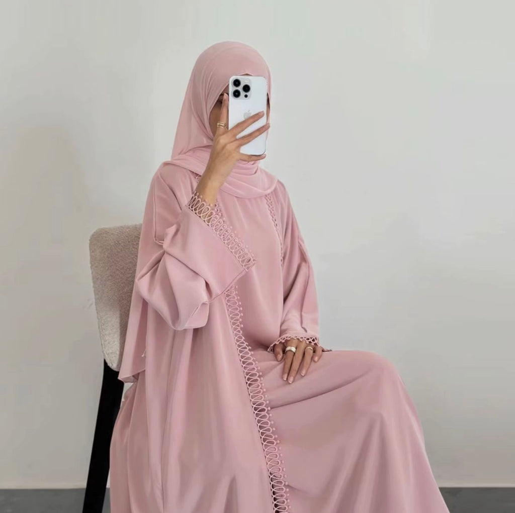 Women’s Nida Fabric 2 Piece Lace Trim Abaya Set with Pockets