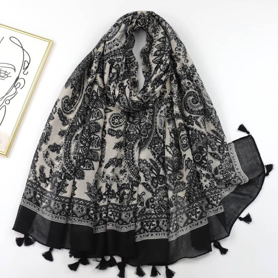 Printed Viscose Hijab - Black Paisley