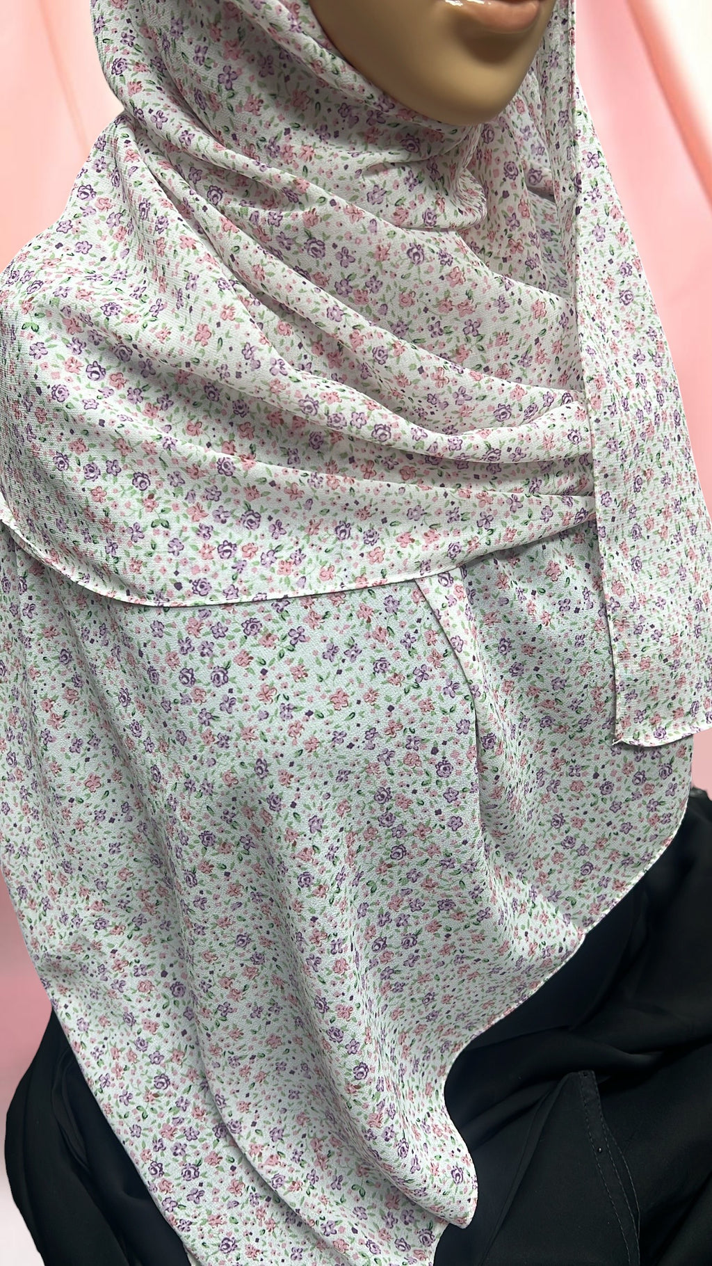 Printed Chiffon Hijab – Pink Petunia | White with Pink & Purple Florals | Lightweight Modest Hijab