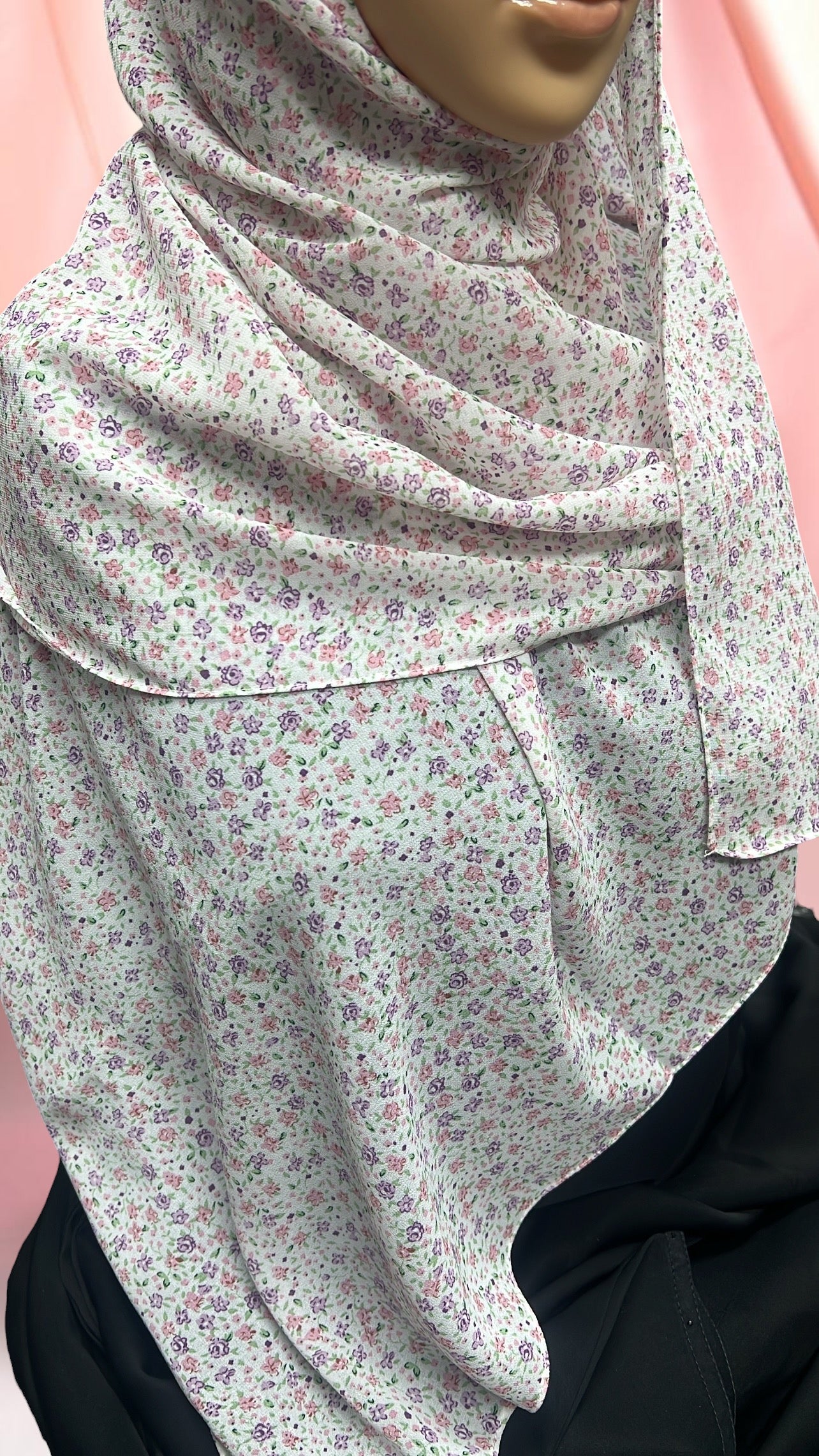 Printed Chiffon Hijab – Pink Petunia | White with Pink & Purple Florals | Lightweight Modest Hijab