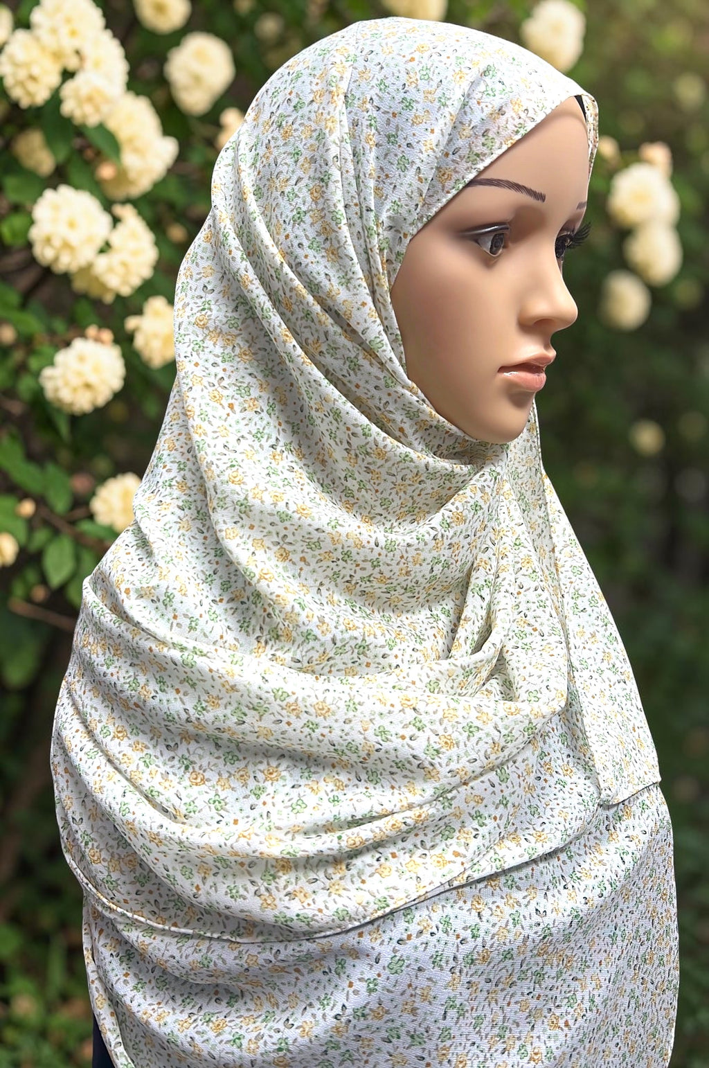 Printed Chiffon Hijab – Yellow Petunia | White with Yellow & Green Florals | Lightweight Modest Hijab