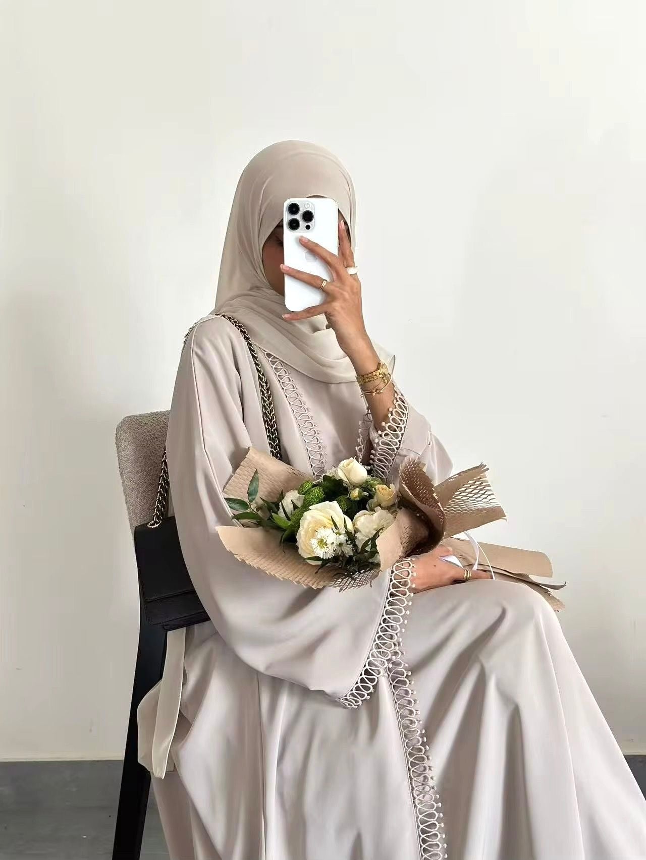 Women’s Nida Fabric 2 Piece Lace Trim Abaya Set with Pockets