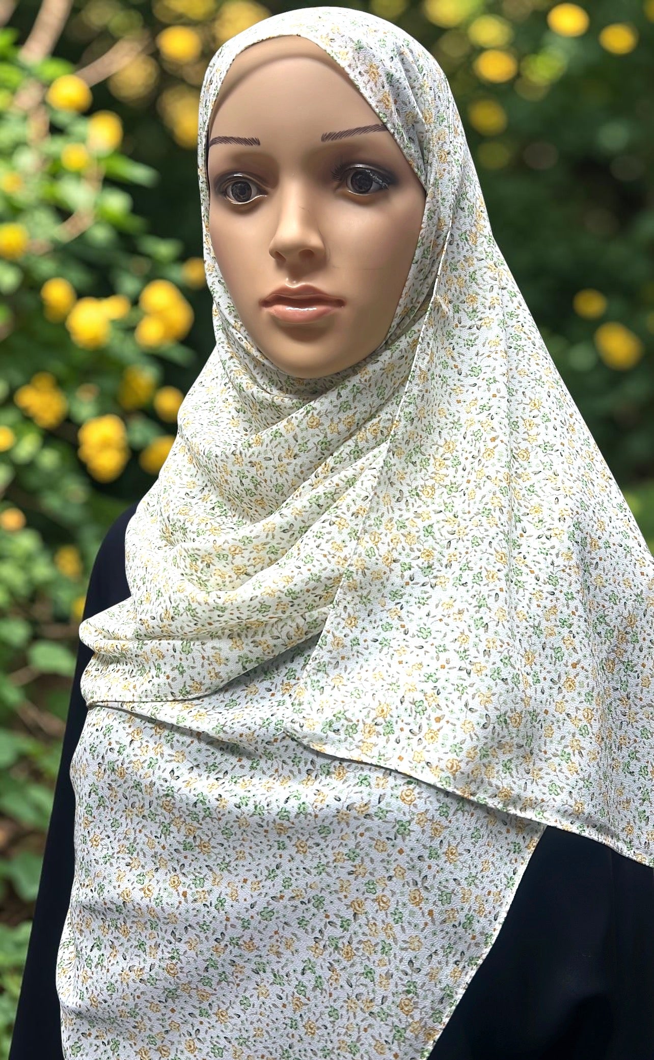 Printed Chiffon Hijab – Yellow Petunia | White with Yellow & Green Florals | Lightweight Modest Hijab