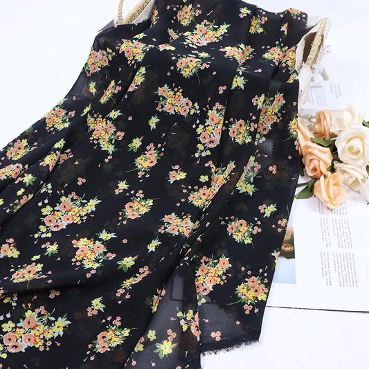 Square Print Chiffon - Black Floral