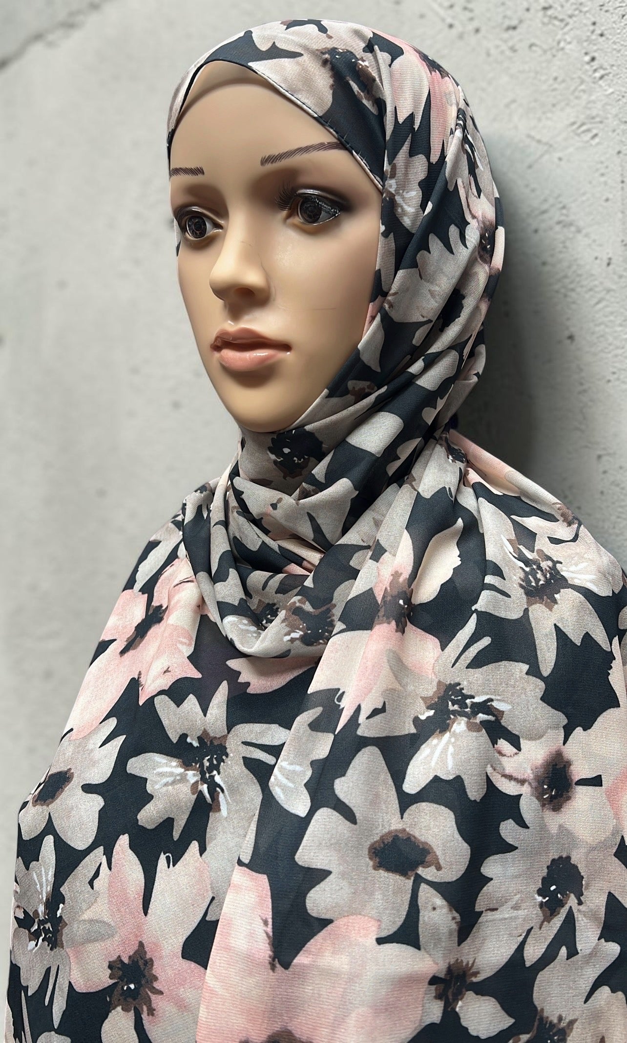 Printed Chiffon Hijab – Midnight Pink | Black Base with Pink & Beige Flowers | Lightweight Modest Hijab