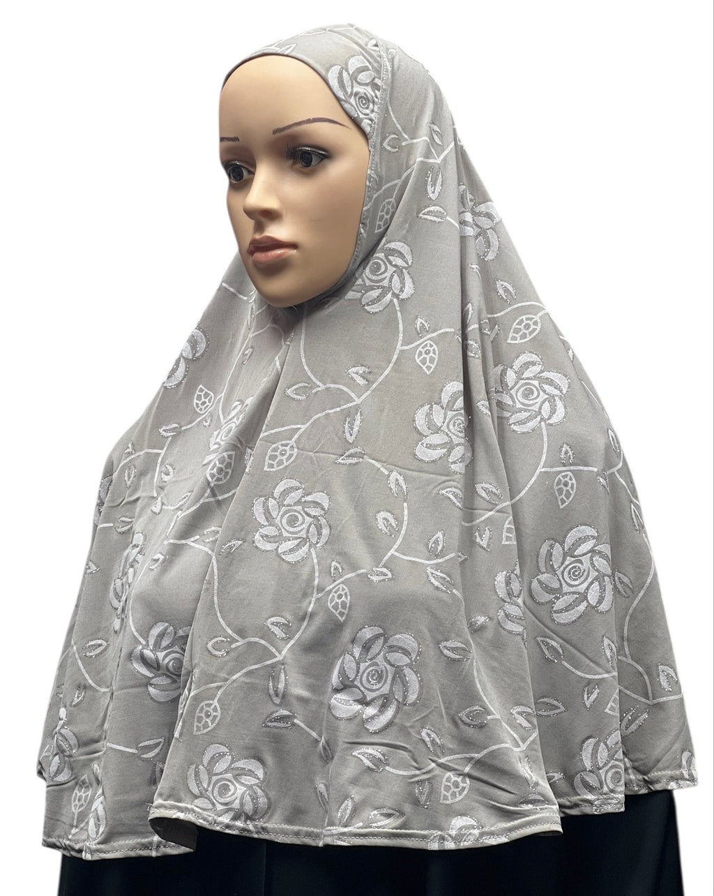 Girls Fancy Hijab Glitter Flowers - Light Gray