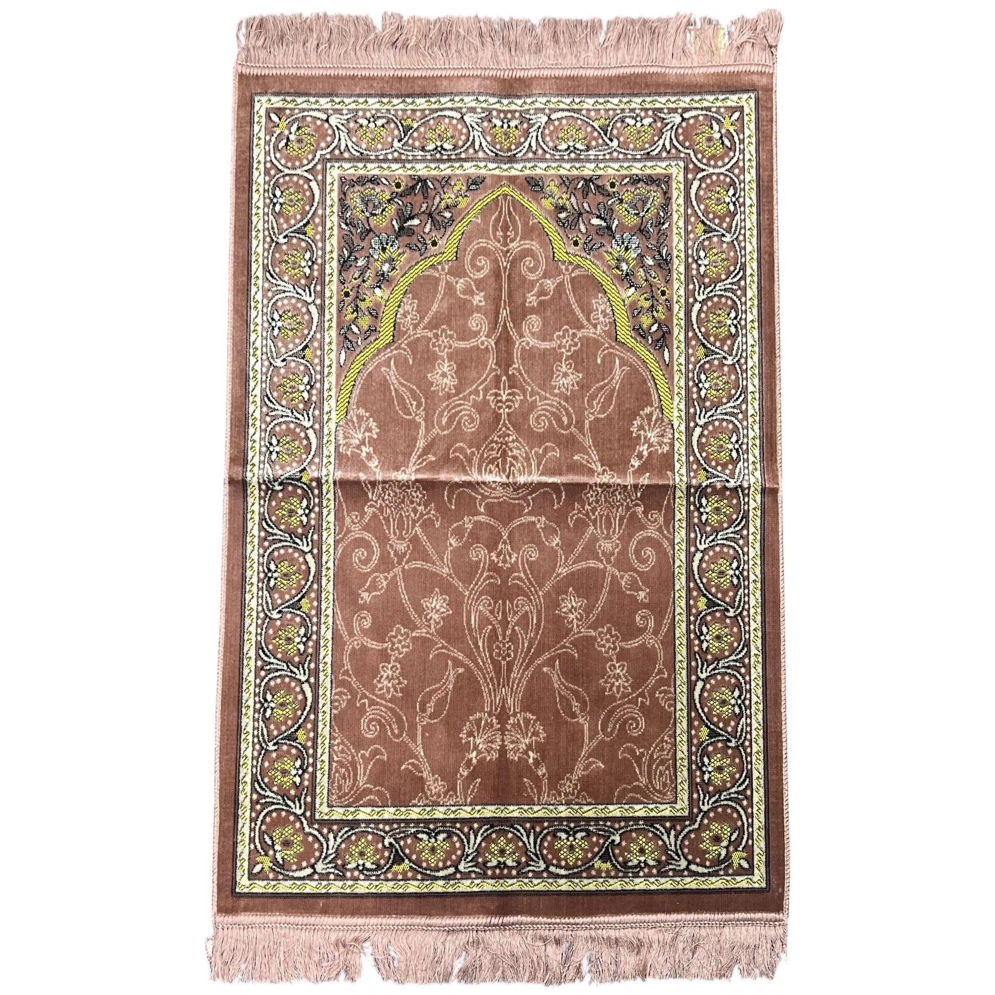 Classic Pink Islamic Prayer Rug - Soft Janamaz with Gold Mihrab Design
