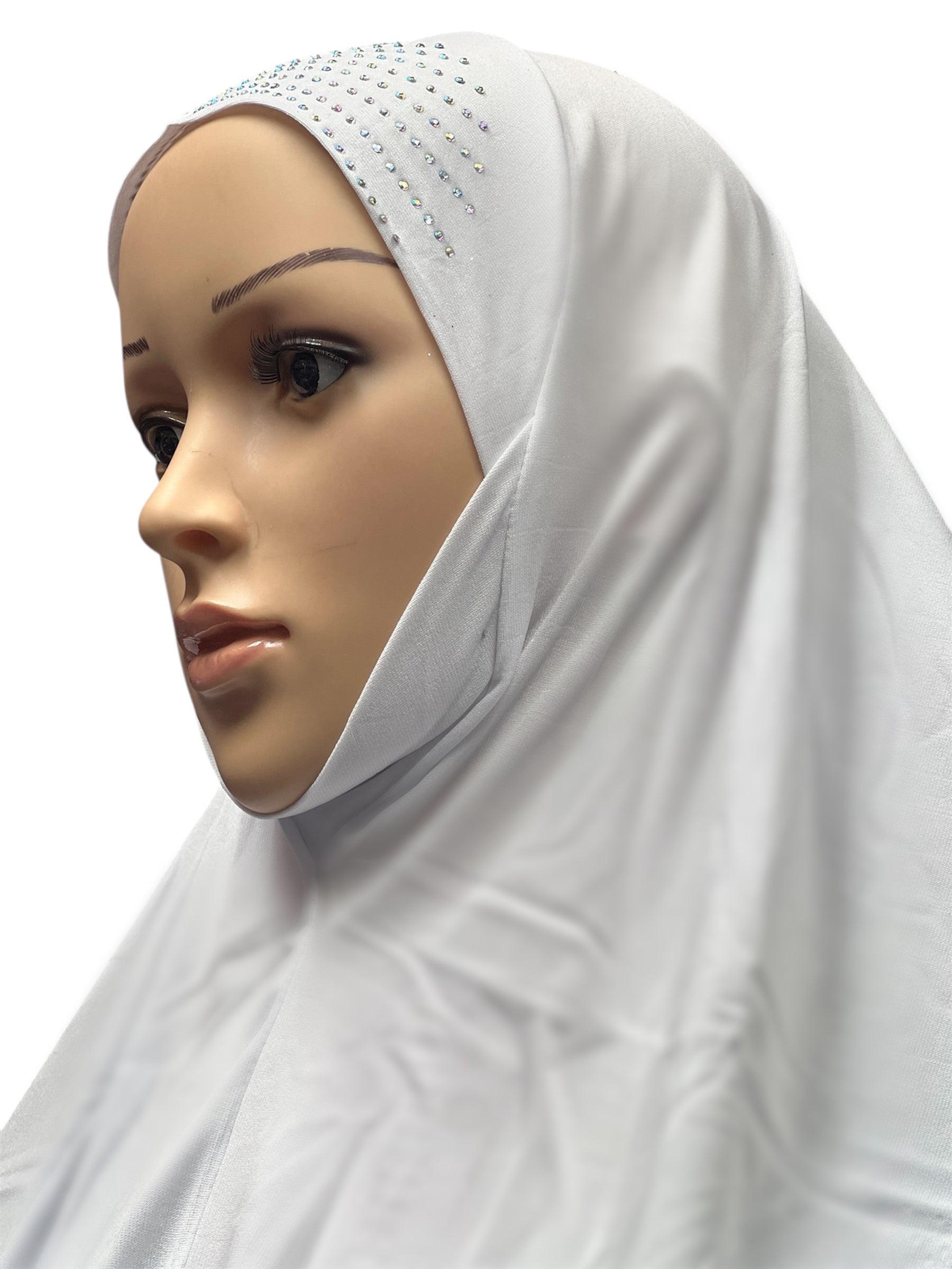 Girls Solid 1 Piece Slip On Hijab with Rhinestones  - White