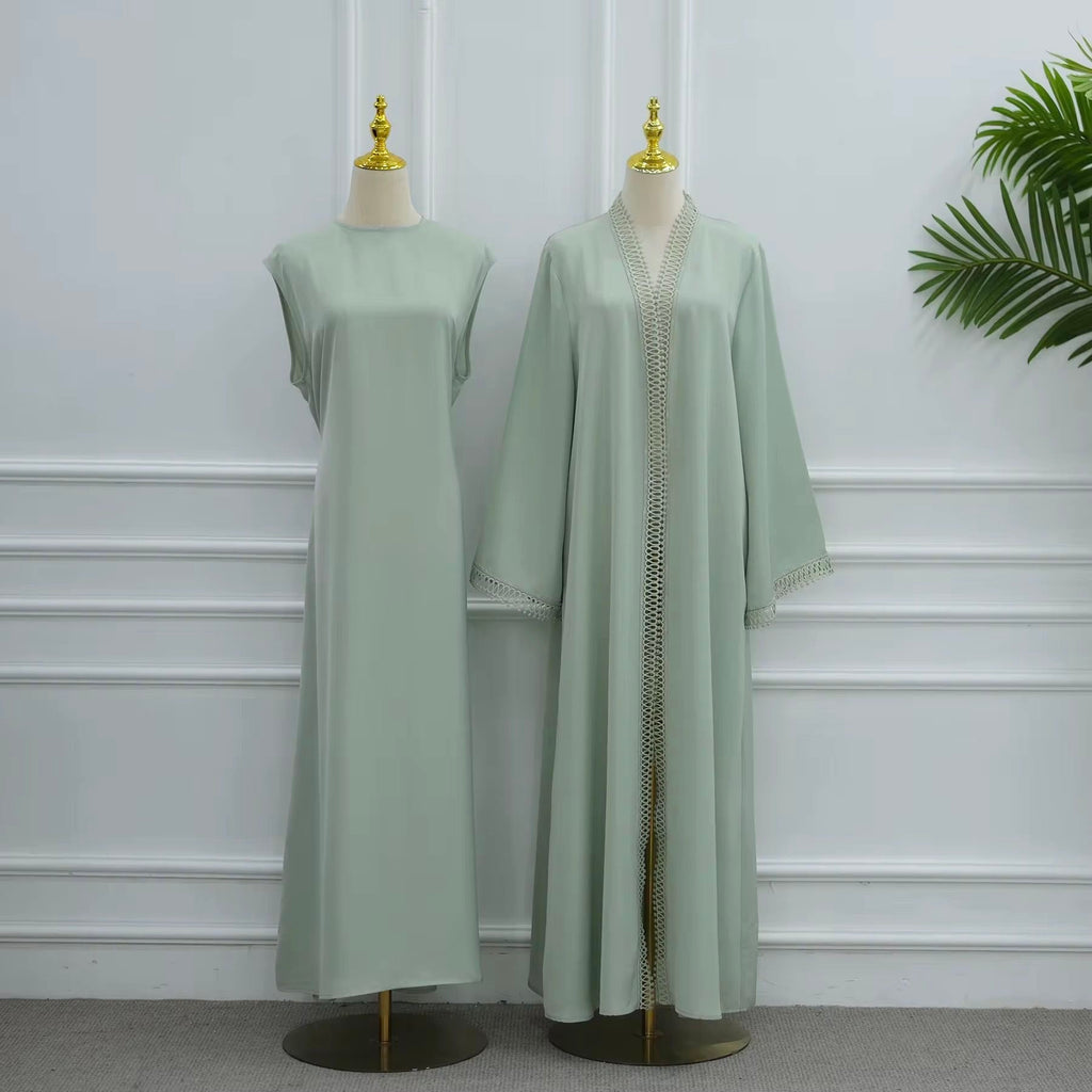 Women’s Nida Fabric 2 Piece Lace Trim Abaya Set with Pockets